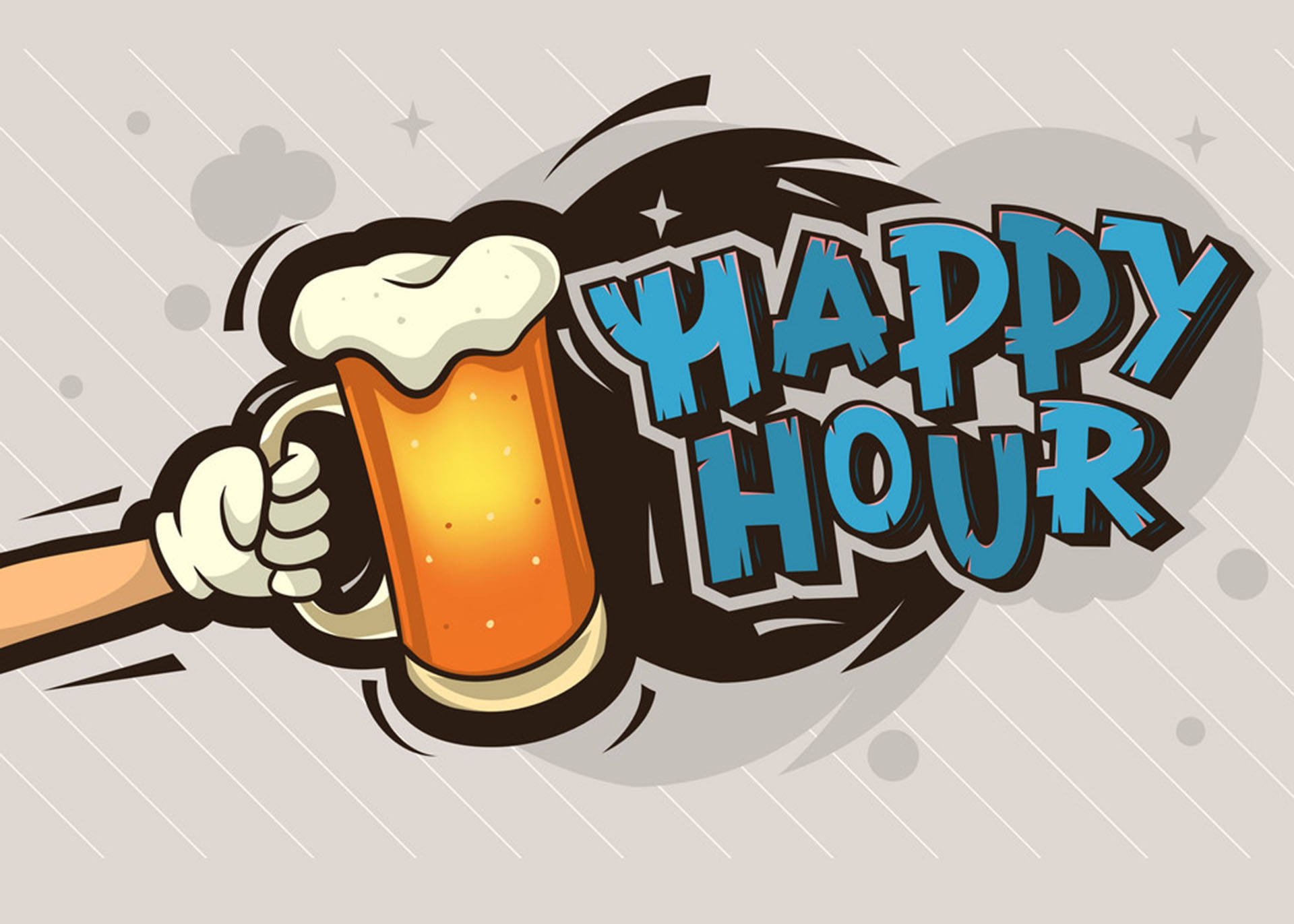 Happy Hour, cartoon hand, frothy beer mug, Full HD Desktop Wallpaper