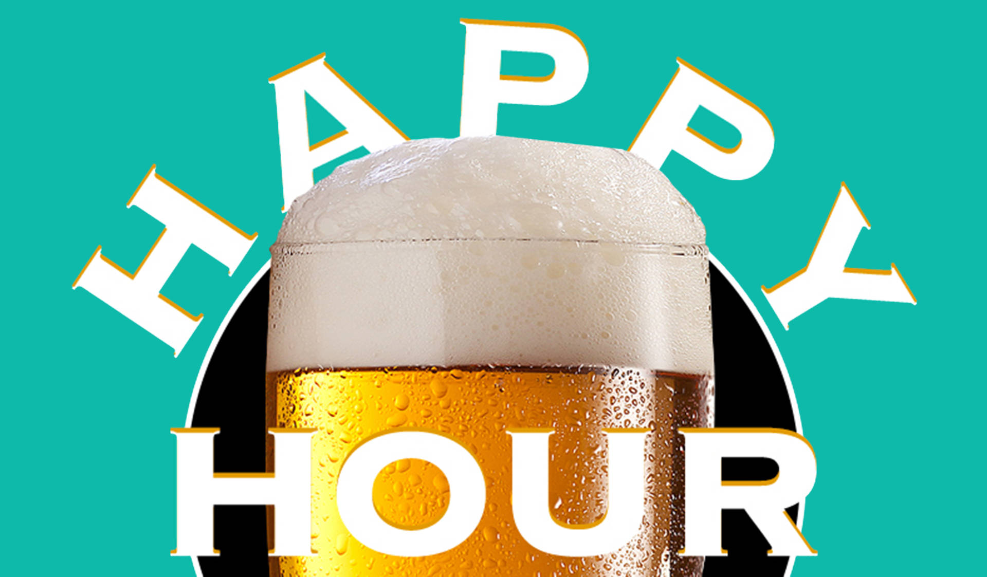HAPPY HOUR, teal background, frothy beer glass, Full HD Desktop Wallpaper