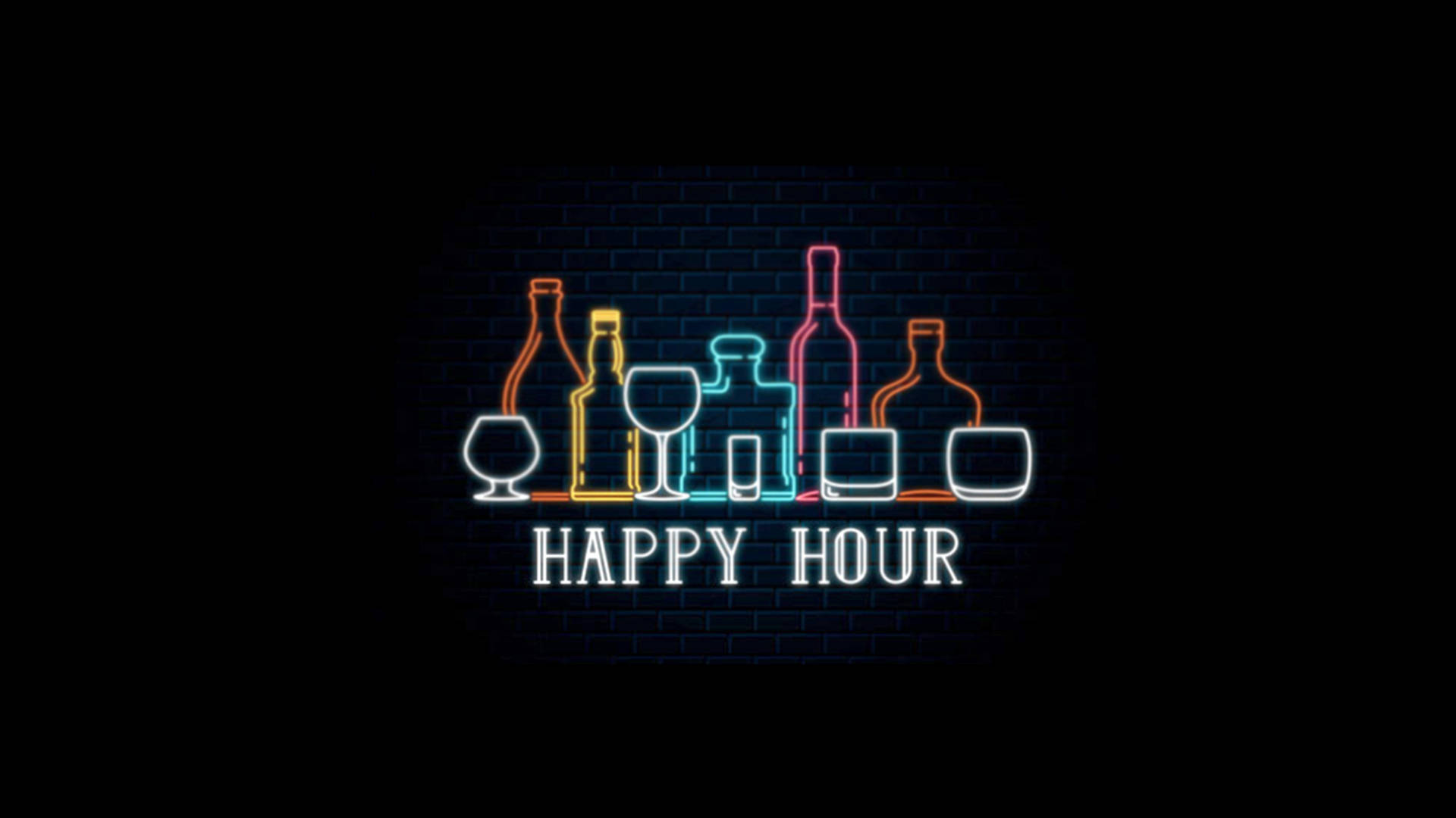 HAPPY HOUR, neon sign, colorful liquor bottles, Full HD Desktop Wallpaper