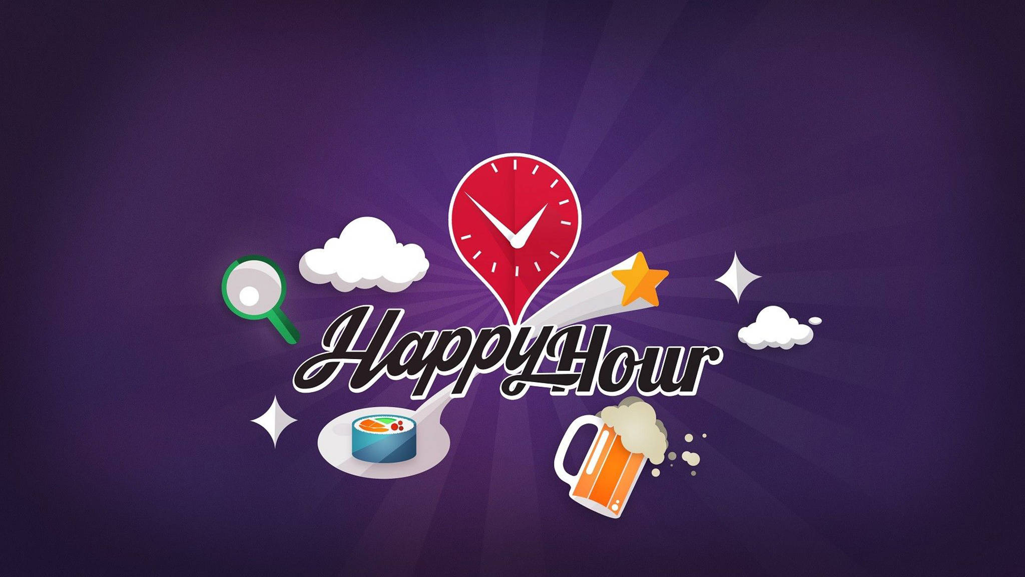 Happy Hour, purple background, red clock heart, Full HD Desktop Wallpaper