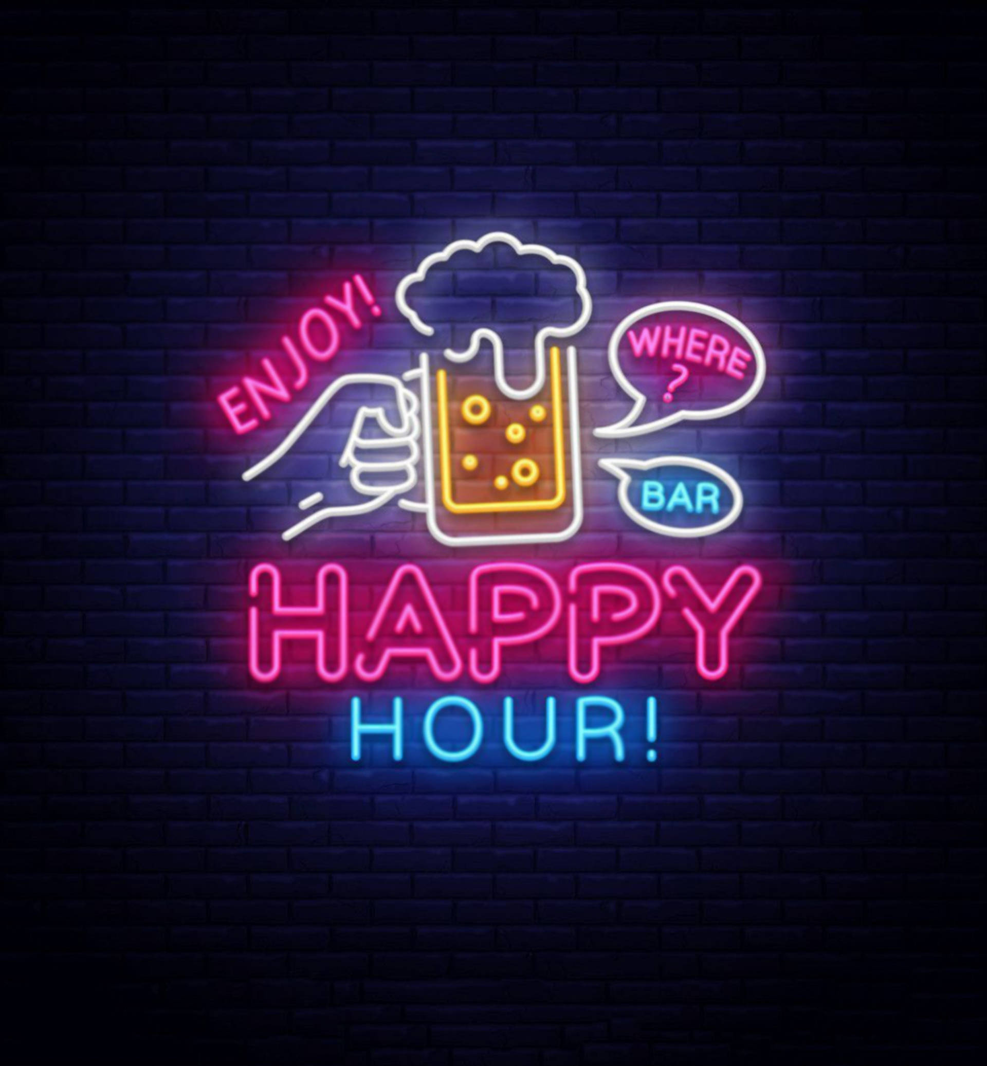 Neon Happy Hour Sign, beer mug, dark brick wall, Full HD Phone Wallpaper