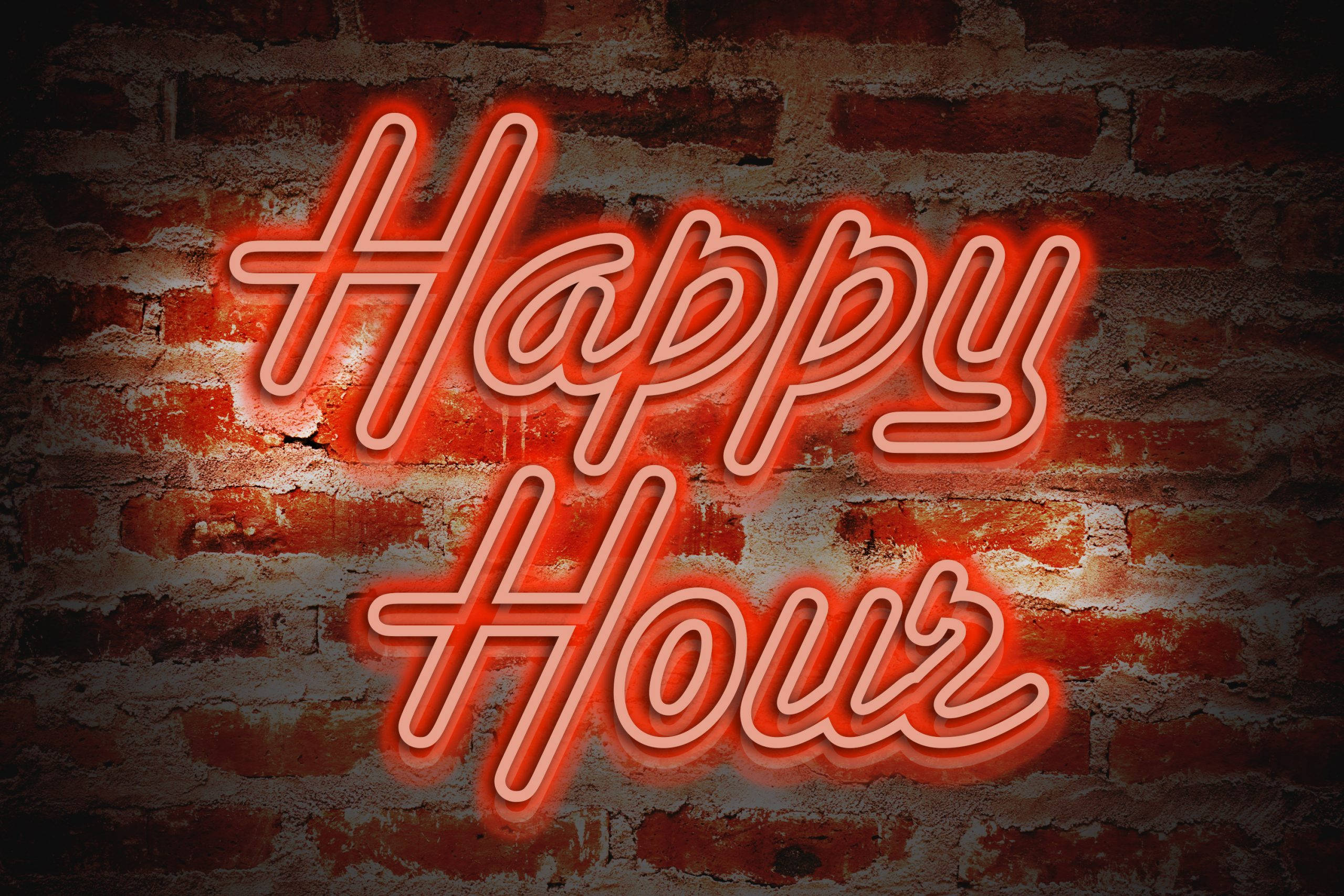 Happy Hour, red neon sign, glowing red, 2K Desktop Wallpaper