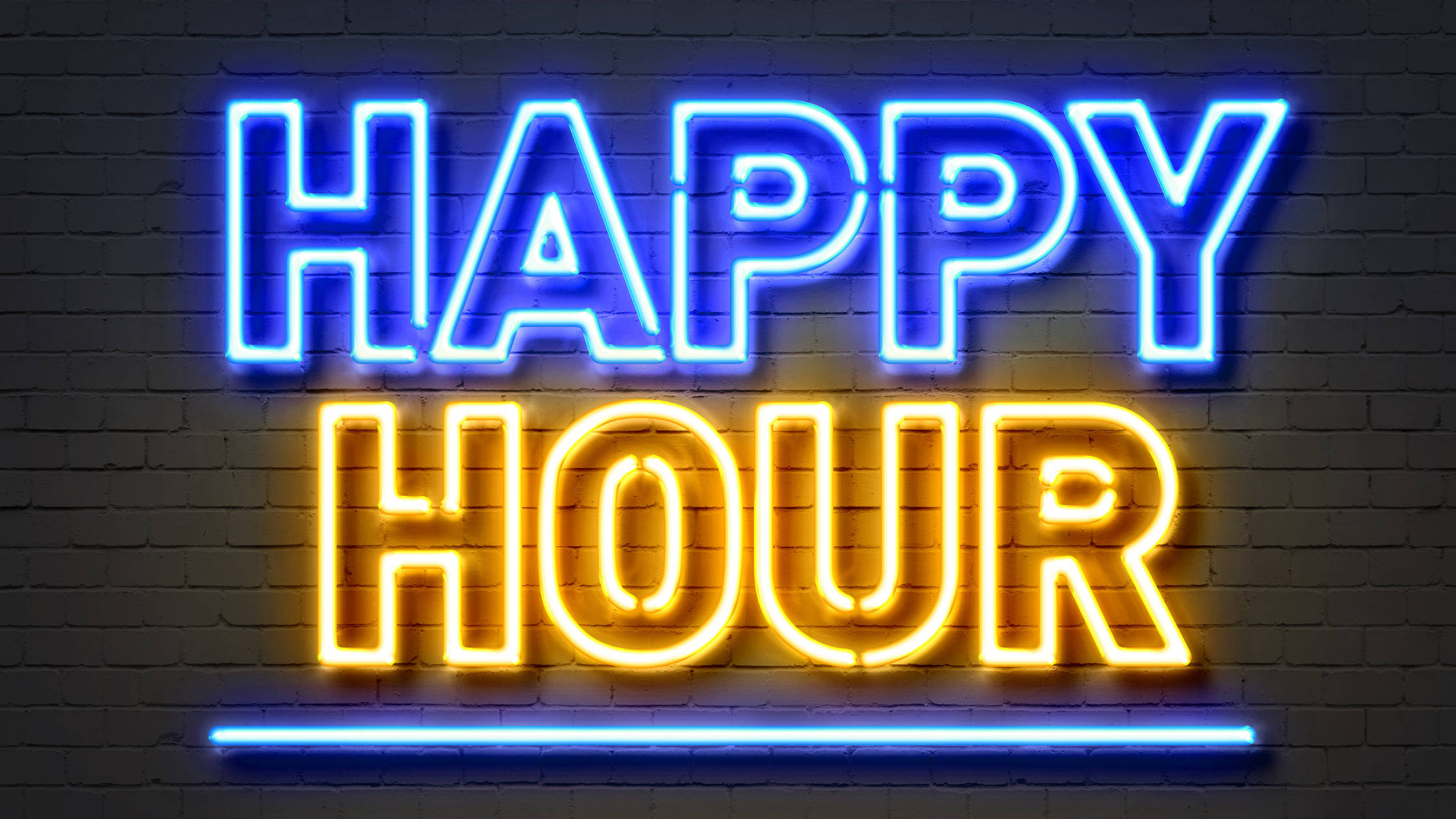 blue and yellow, neon sign, HAPPY HOUR, Full HD Desktop Wallpaper