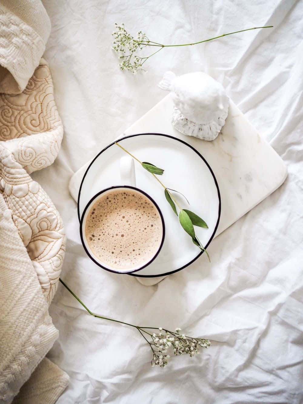 cozy iPhone, black-rimmed cup, marble tray, HD Phone Wallpaper
