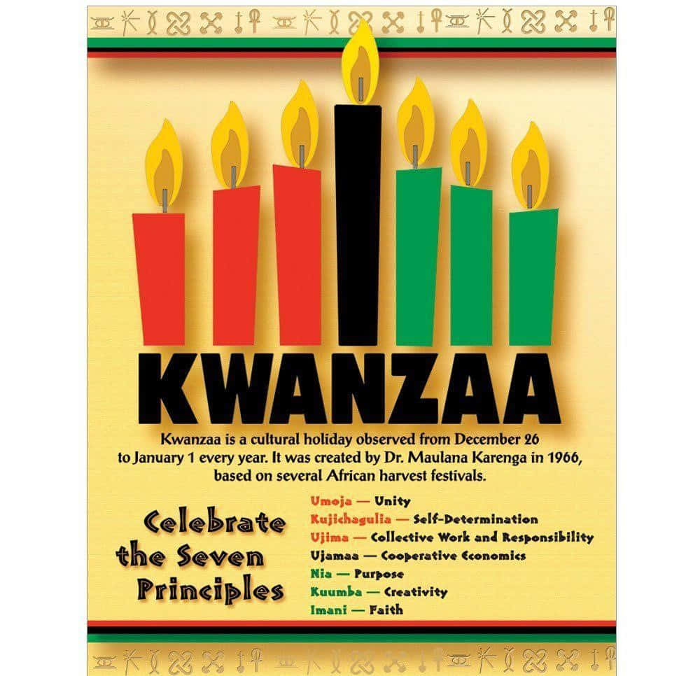 Kwanzaa, seven colorful candles, golden background, SD Desktop Wallpaper