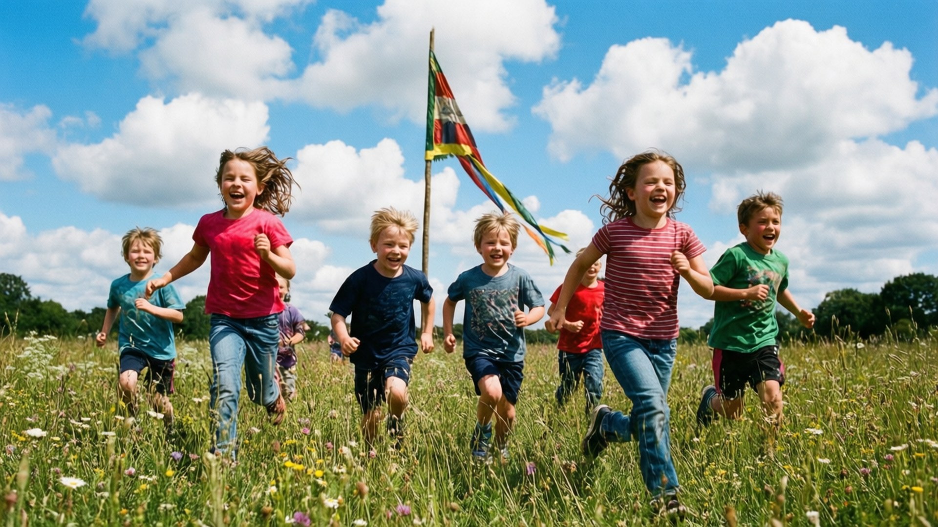 Children's Midsummer Joy, sunlit meadow, colorful kite, Full HD Desktop Wallpaper