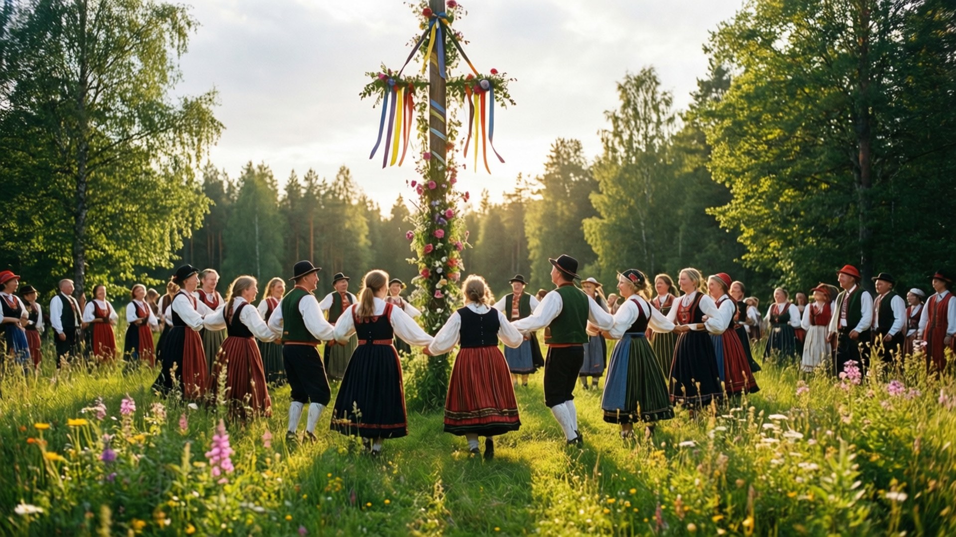 Midsummer, meadow, maypole, Full HD Desktop Wallpaper