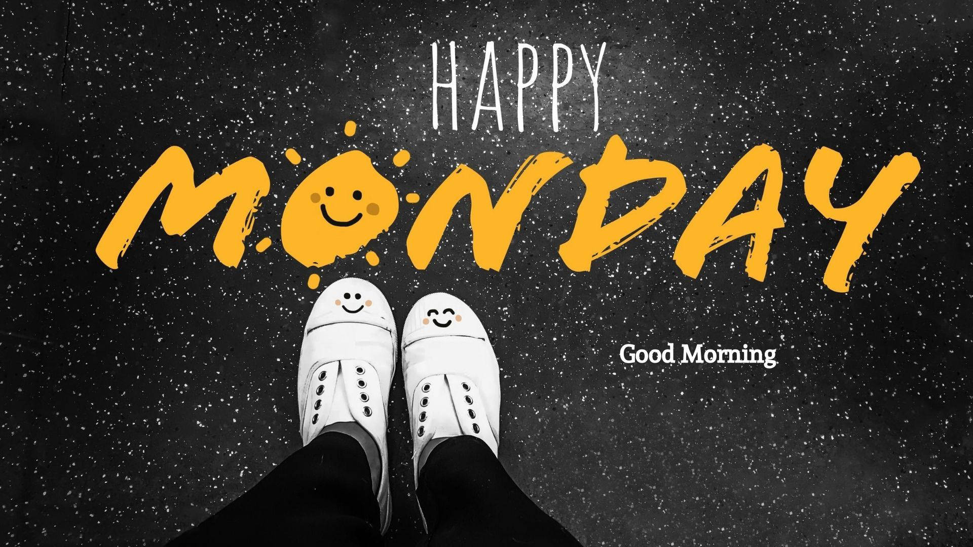 Happy Monday Shoes, smiley faces, speckled black floor, Full HD Desktop Wallpaper