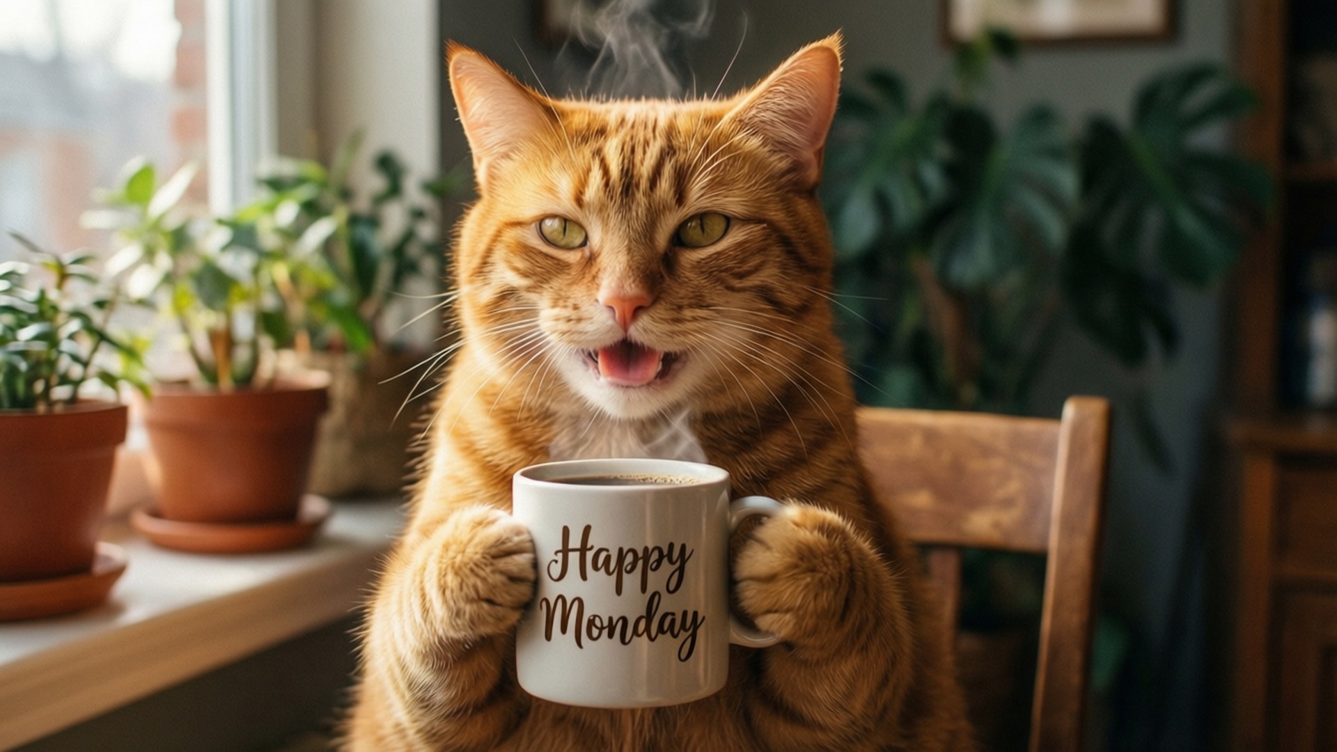 orange tabby cat, white mug, Happy Monday, Full HD Desktop Wallpaper