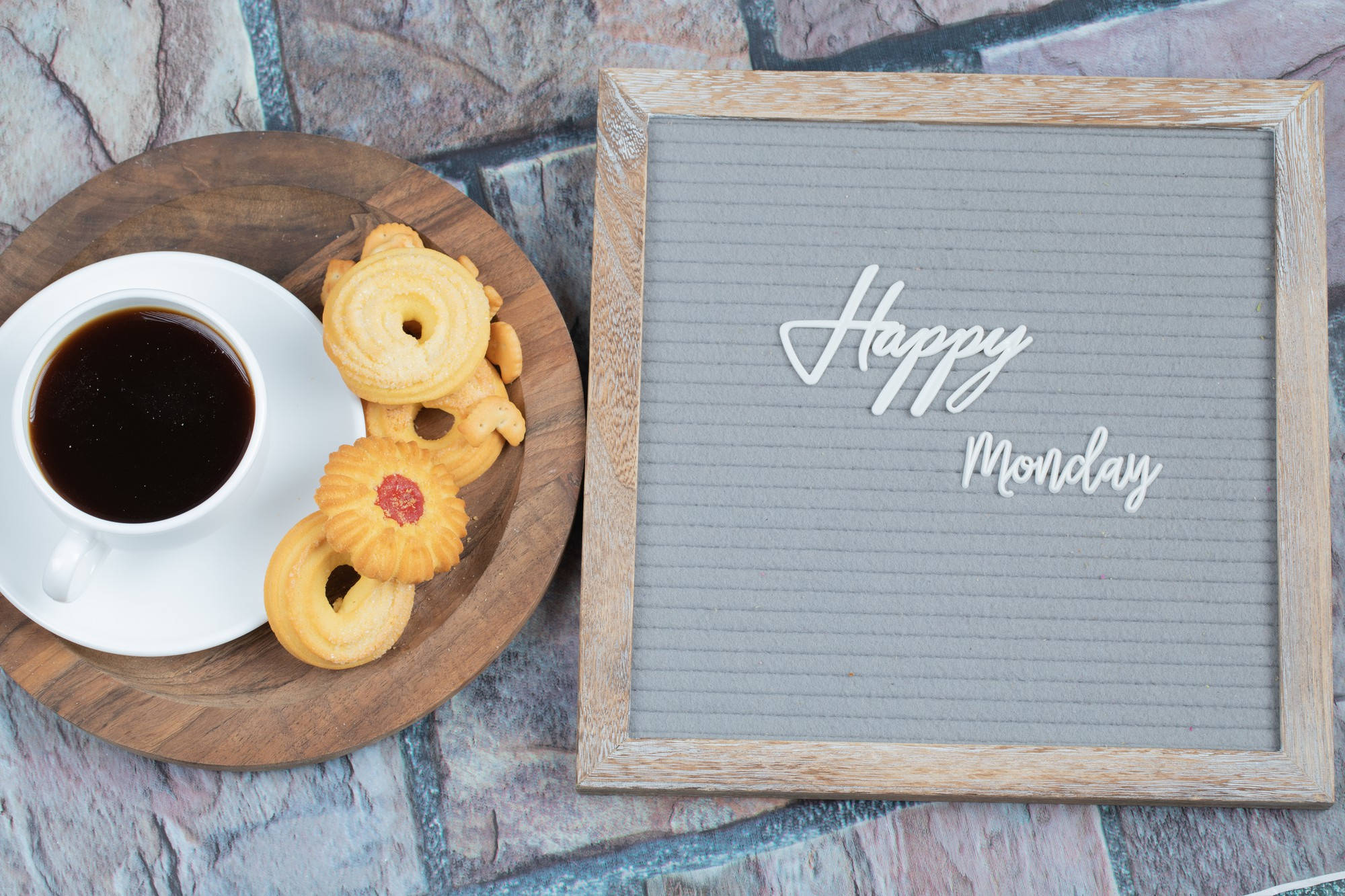 Happy Monday Board, cozy wooden tray, coffee, Full HD Desktop Wallpaper