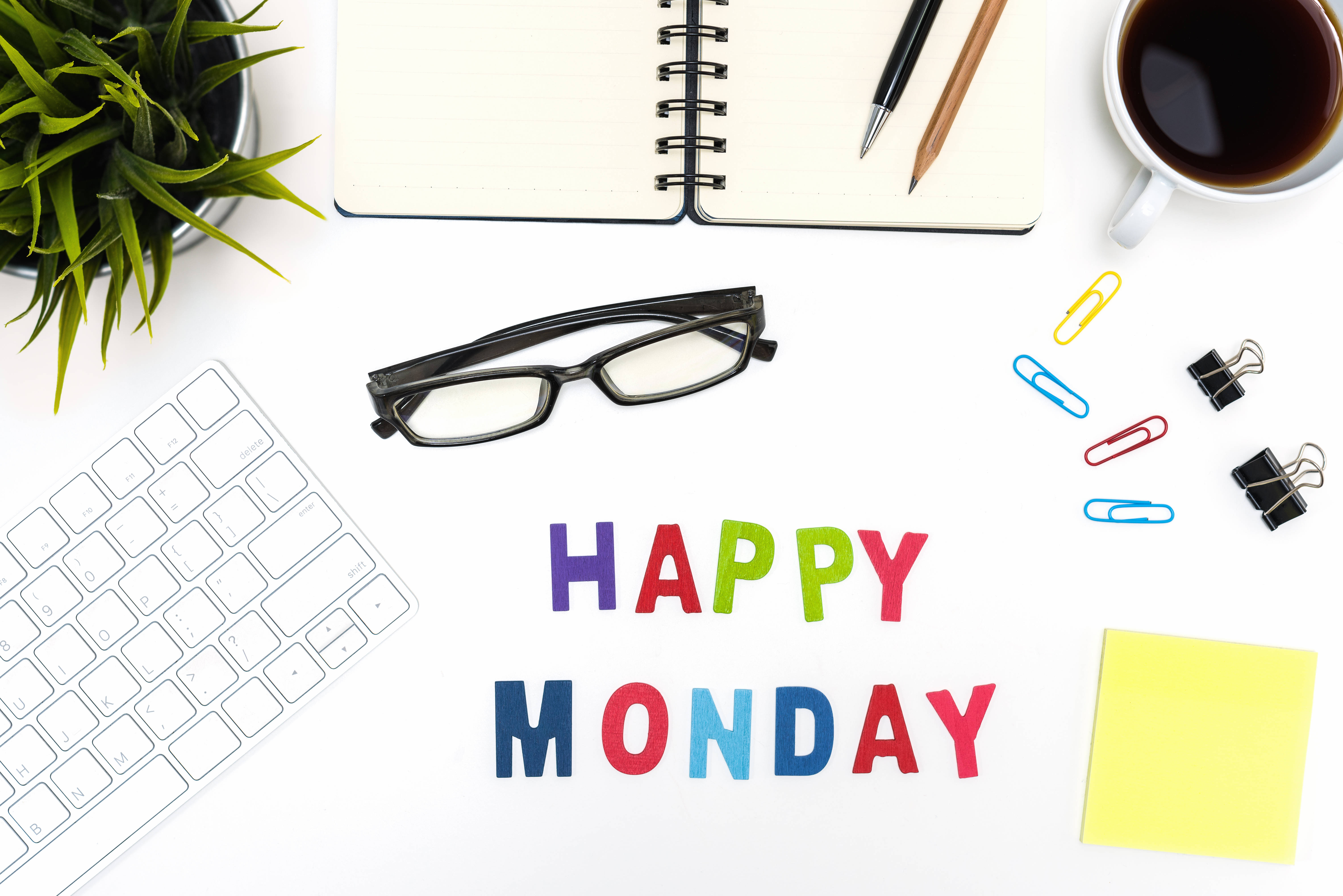 Happy Monday Stationary, bright white desk, colorful HAPPY MONDAY letters, 5K Desktop Wallpaper