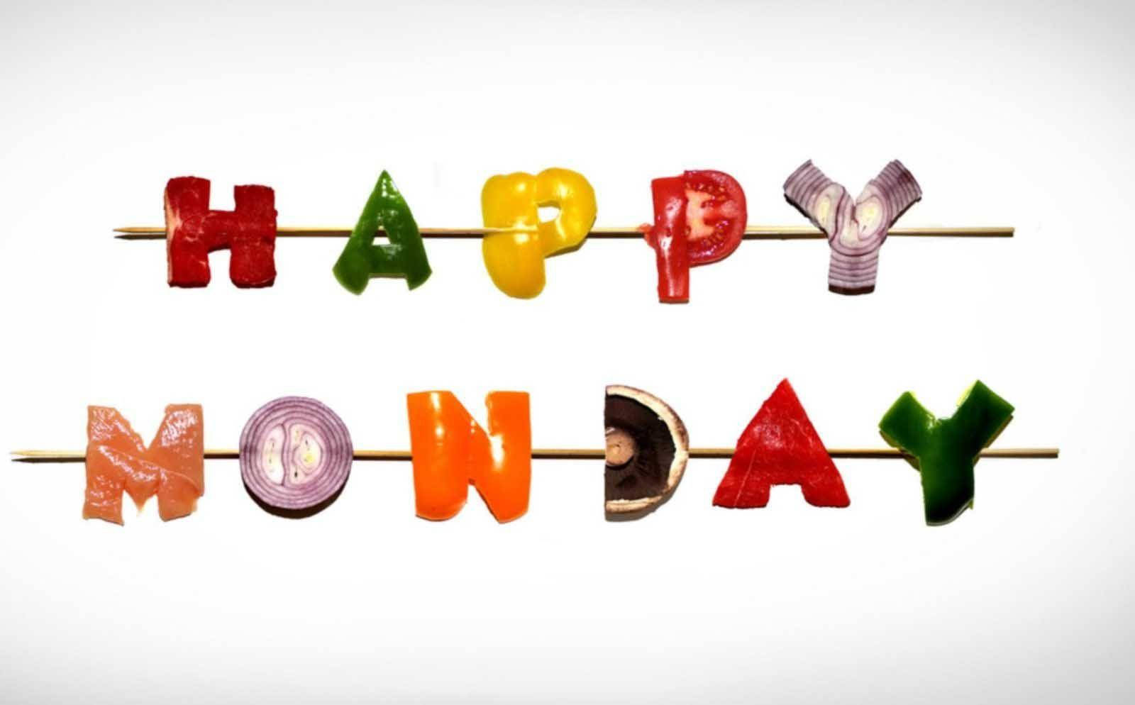 HAPPY MONDAY, vegetable letters, skewers, HD Desktop Wallpaper