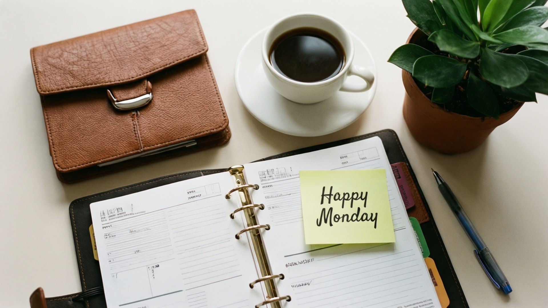 Happy Monday, coffee cup, leather wallet, Full HD Desktop Wallpaper