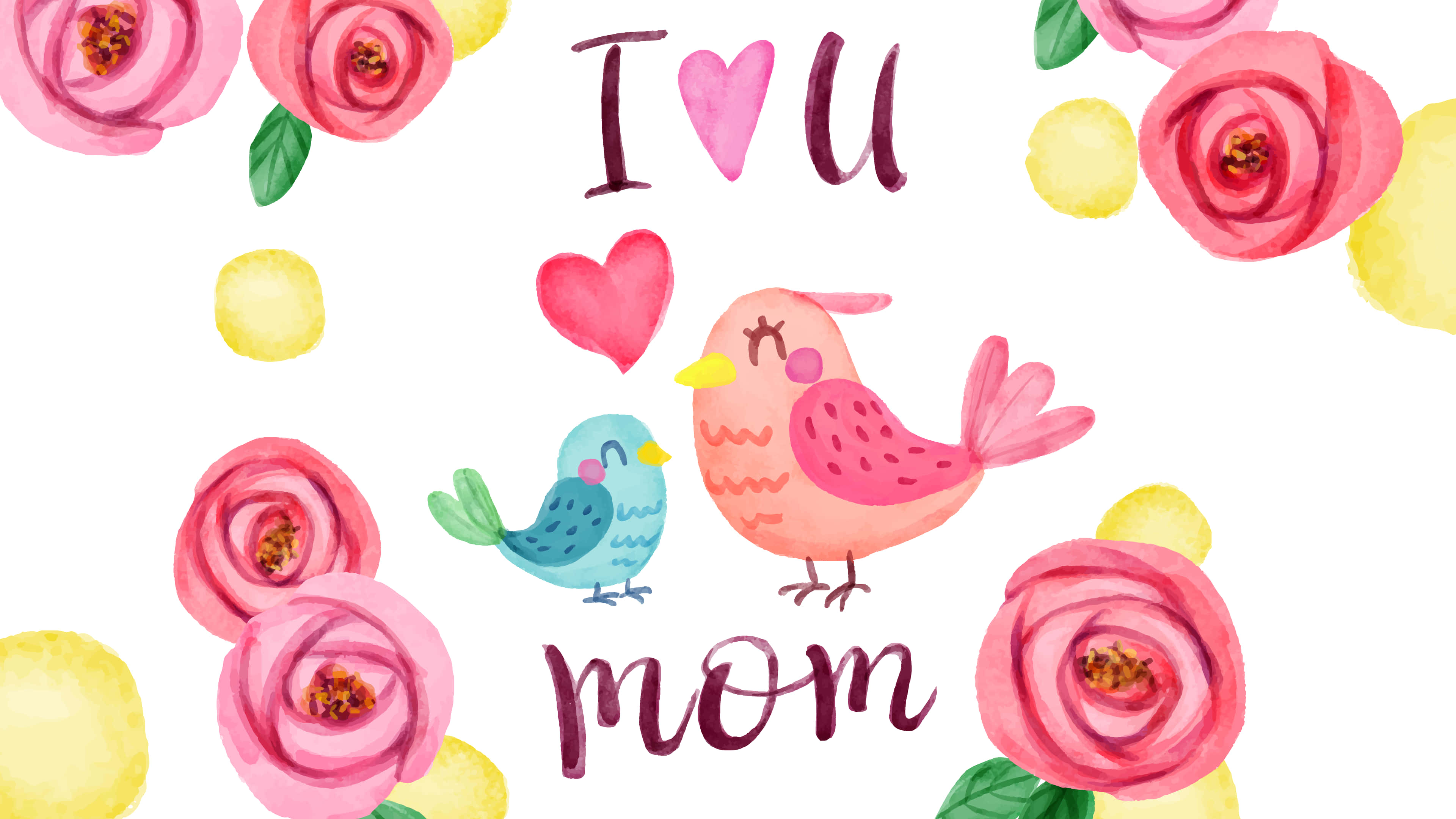 Happy Mothers Day HD, watercolor birds, pink roses, 4K Desktop Wallpaper