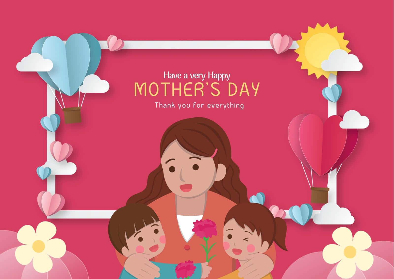 mother and her children, paper-cut hearts, balloons, HD Desktop Wallpaper