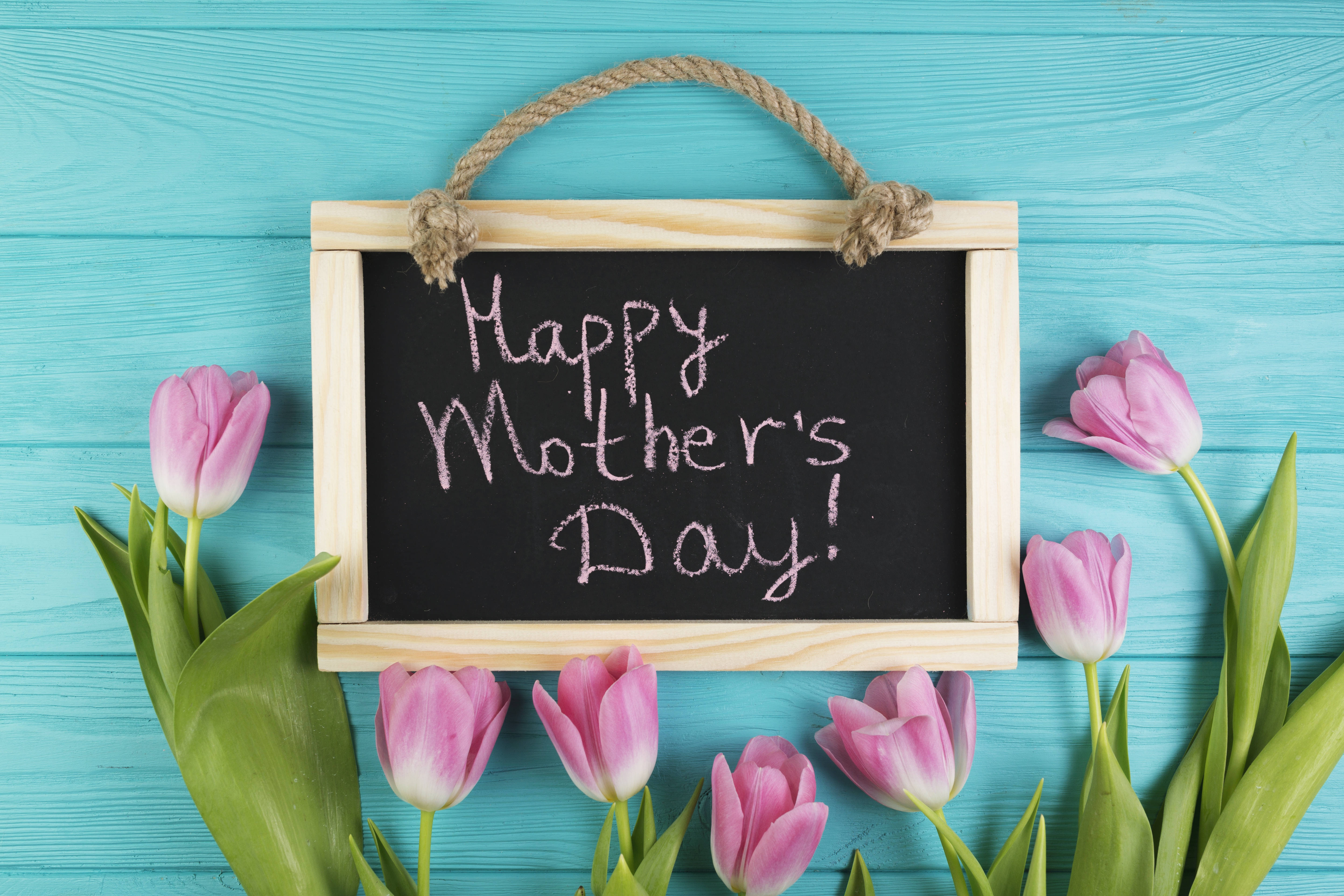 Happy Mother's Day!, pink tulips, turquoise wooden background, 5K Desktop Wallpaper