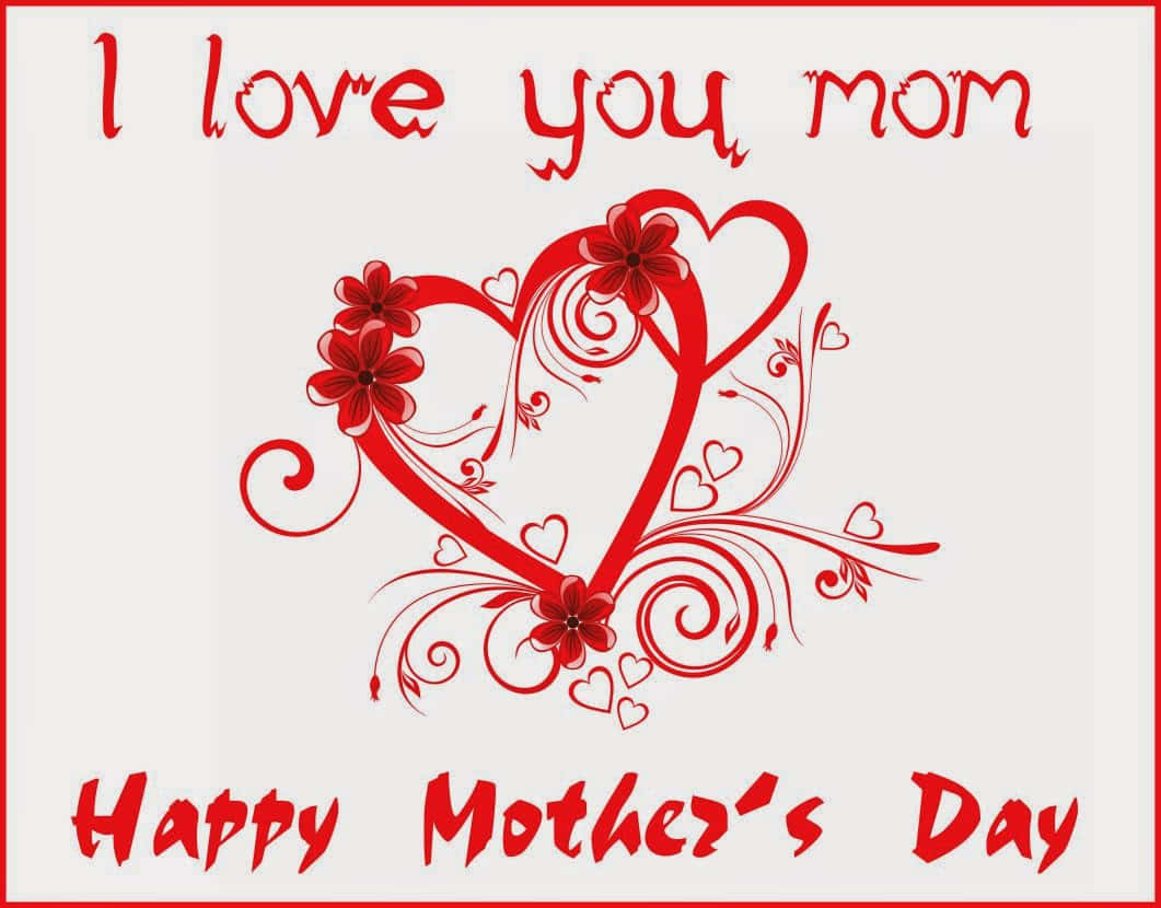 Love You Mom Happy Mothers Day Card, red heart-shaped floral design, swirling vines, SD Desktop Wallpaper