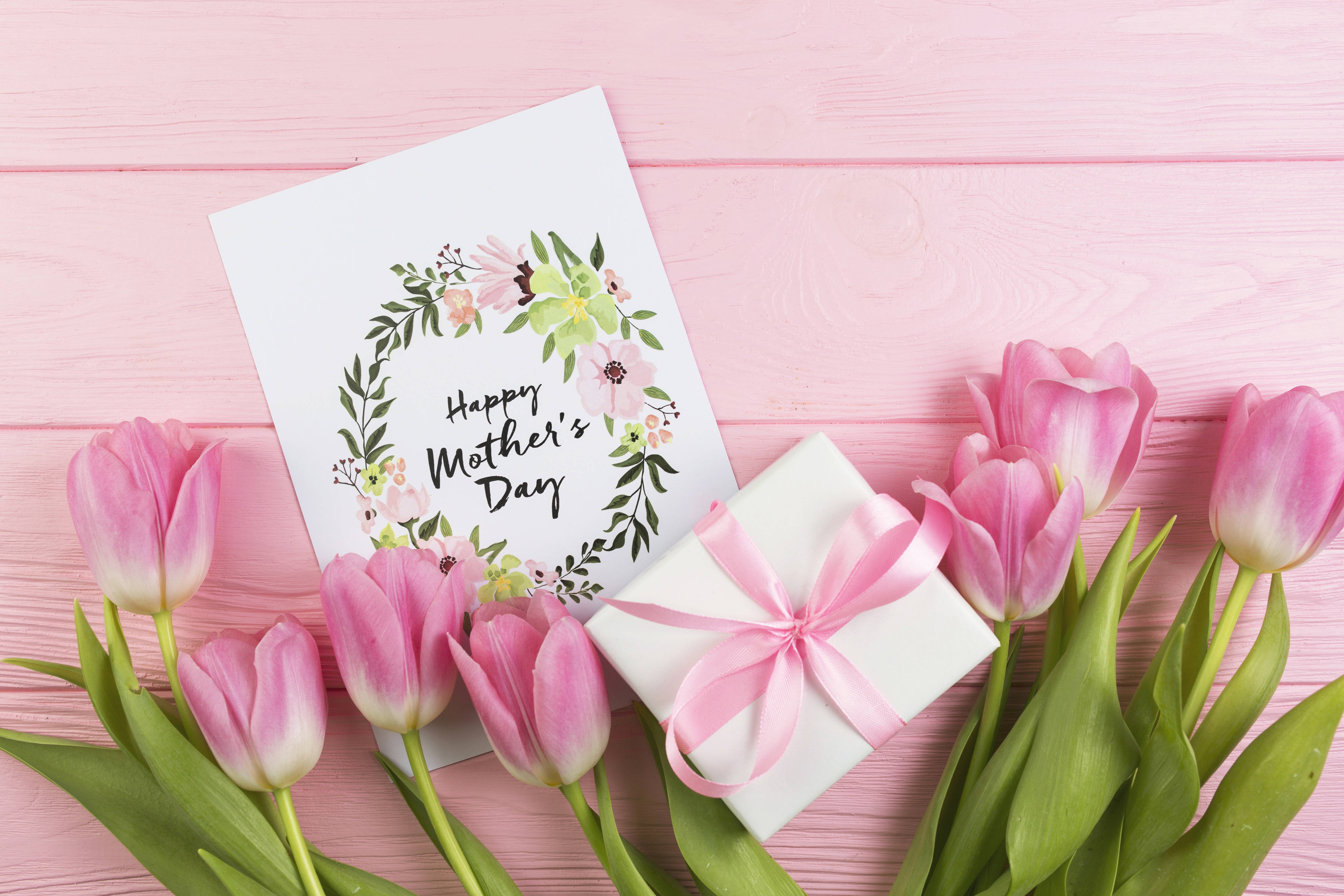 Pink tulips, Green leaves, White gift box, 5K Desktop Wallpaper