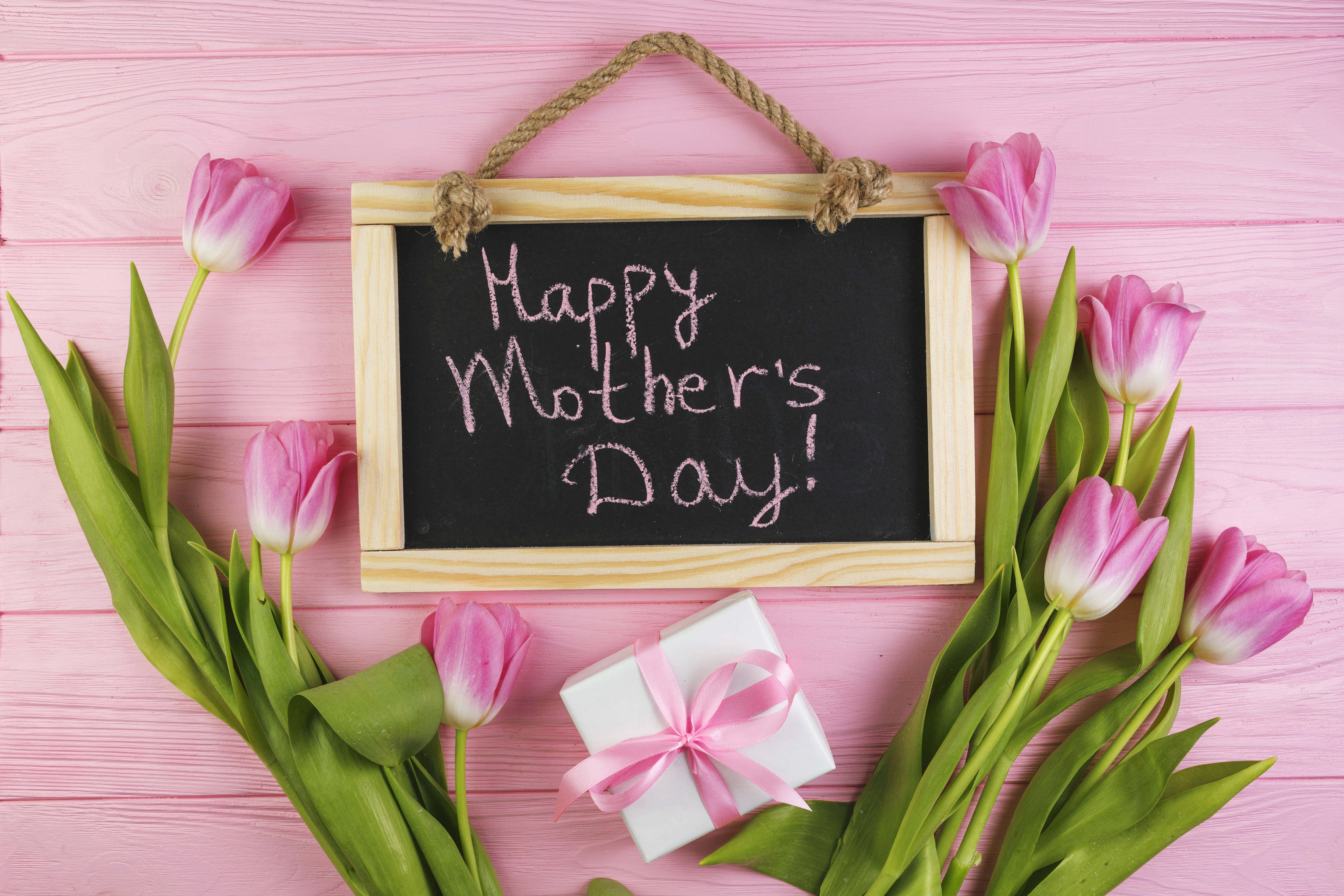 Happy Mother's Day!, pink tulips, gift box, 5K Desktop Wallpaper