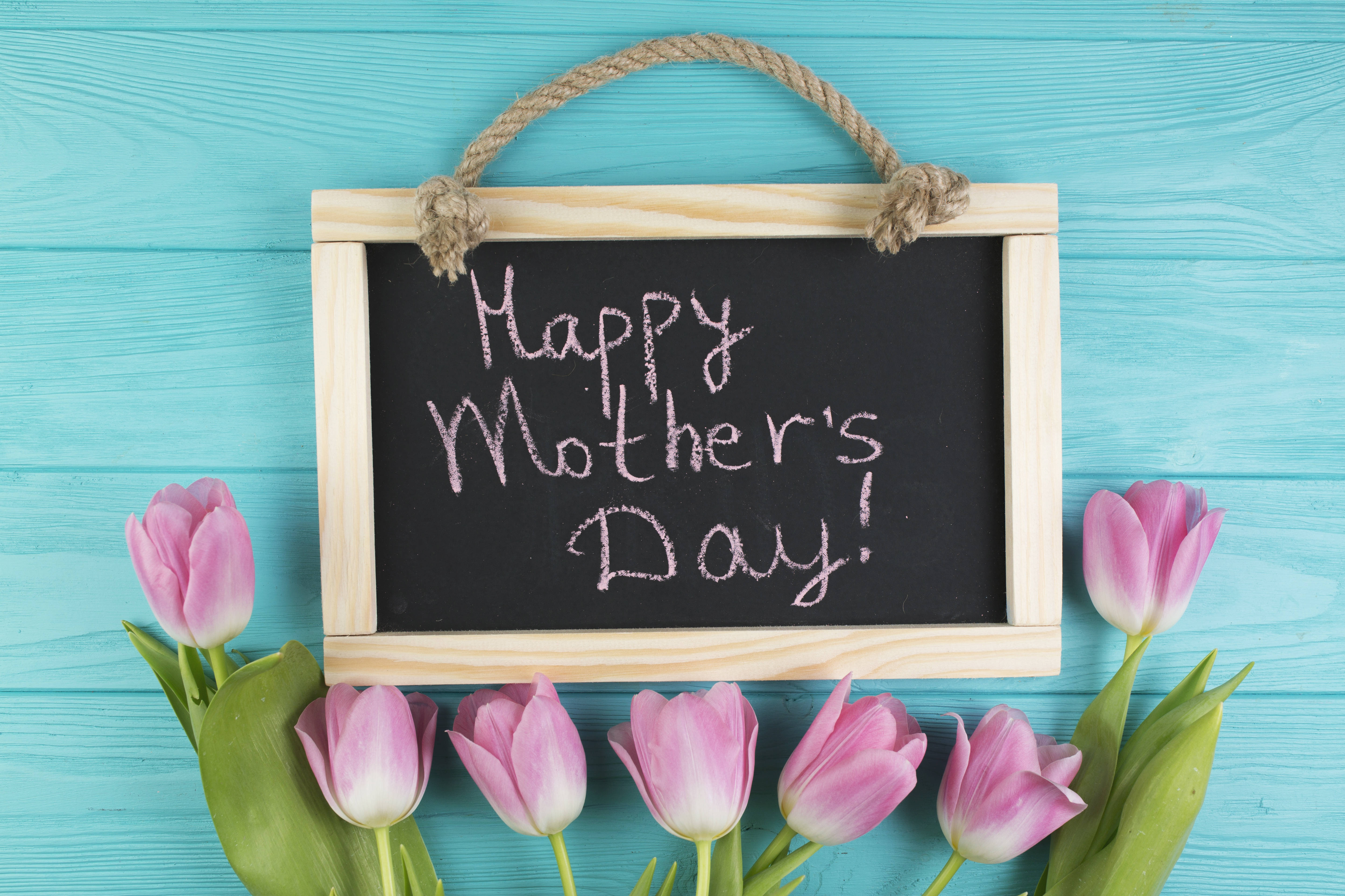 Happy Mother's Day!, pink tulips, turquoise wooden background, 5K Desktop Wallpaper