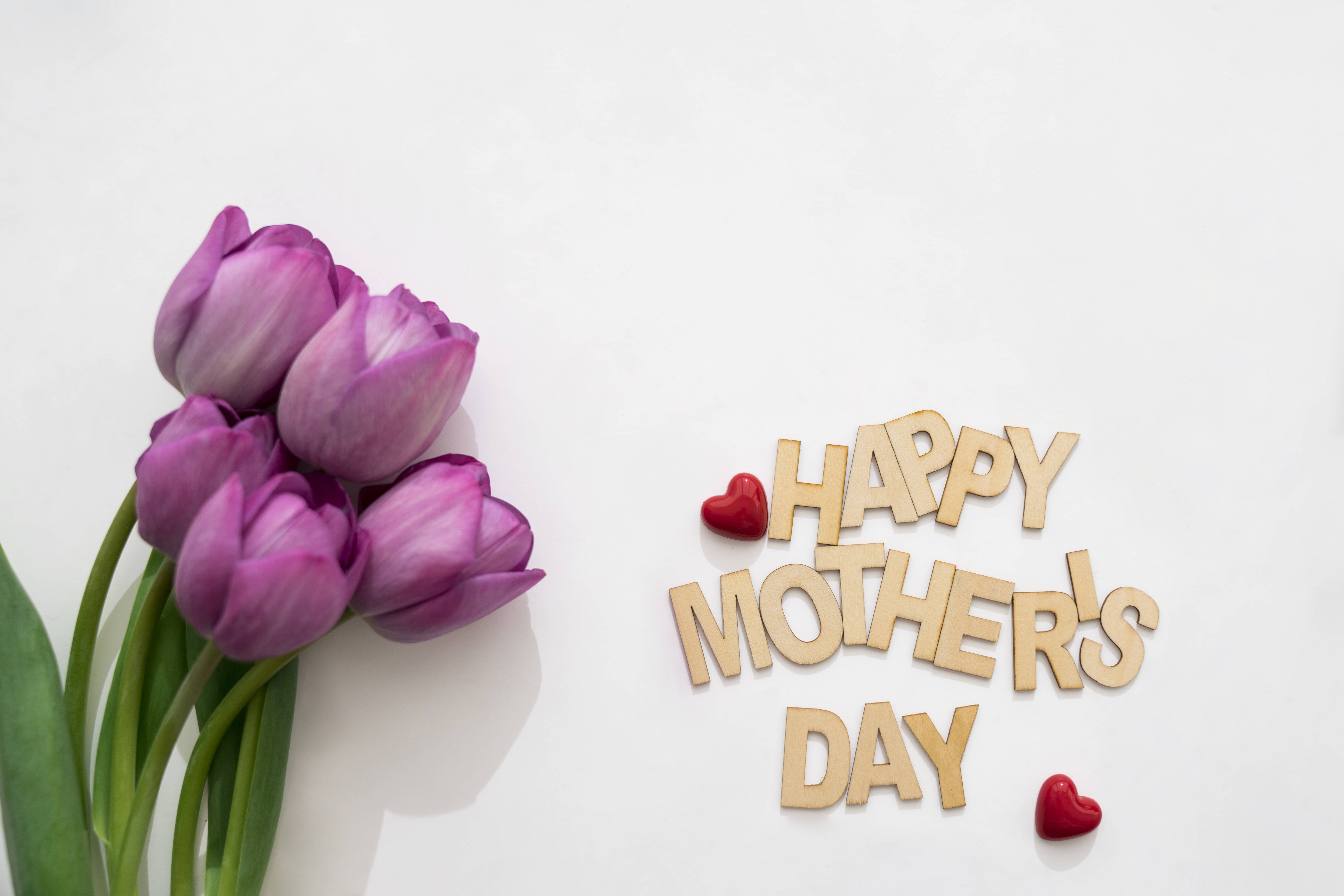 Happy Mother's Day, purple tulips, red hearts, 5K Desktop Wallpaper