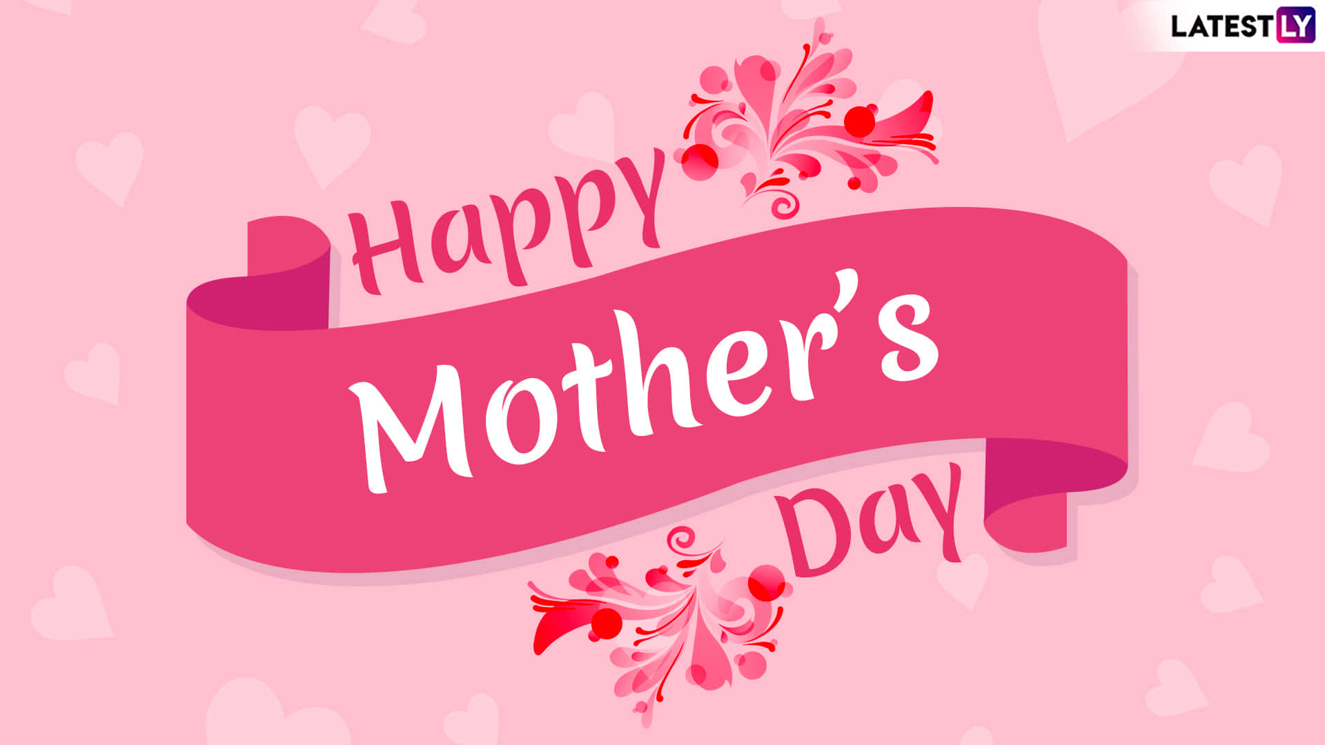 Happy Mother's Day, pink ribbon banner, floral swirls, Full HD Desktop Wallpaper