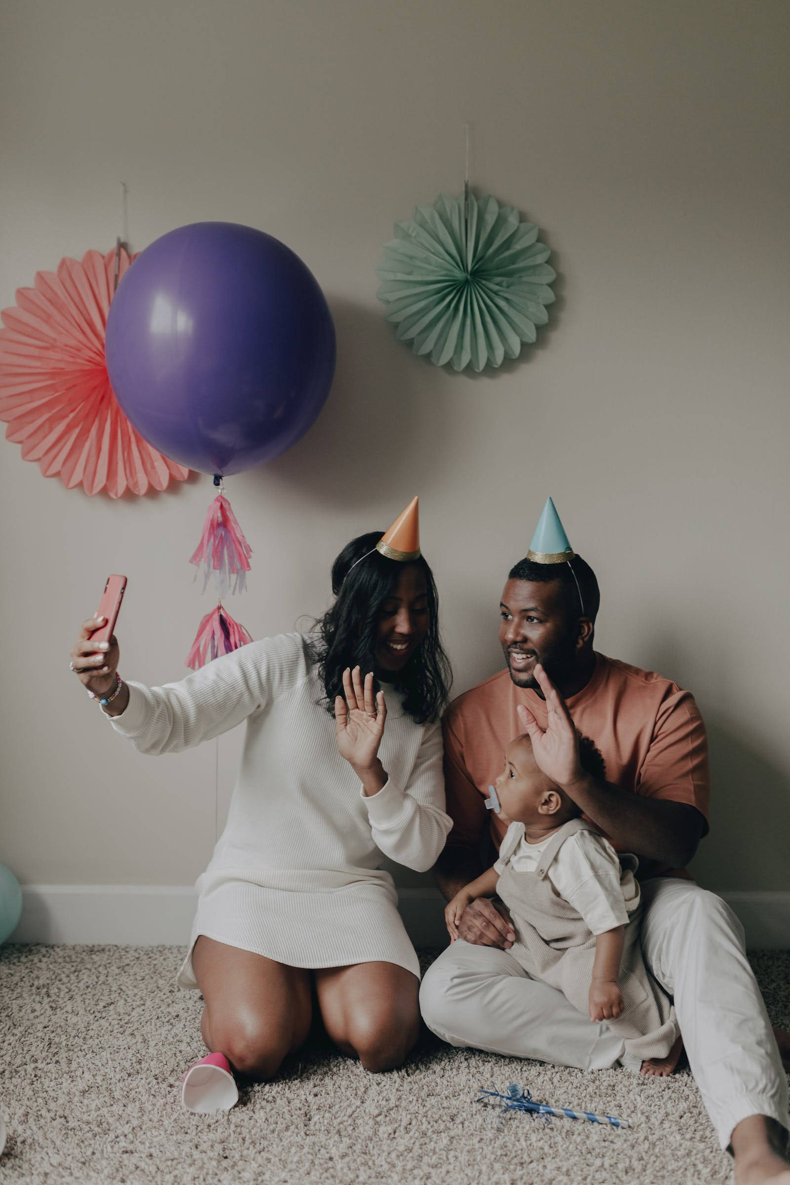 family of three, party hats, purple balloon, Full HD Phone Wallpaper