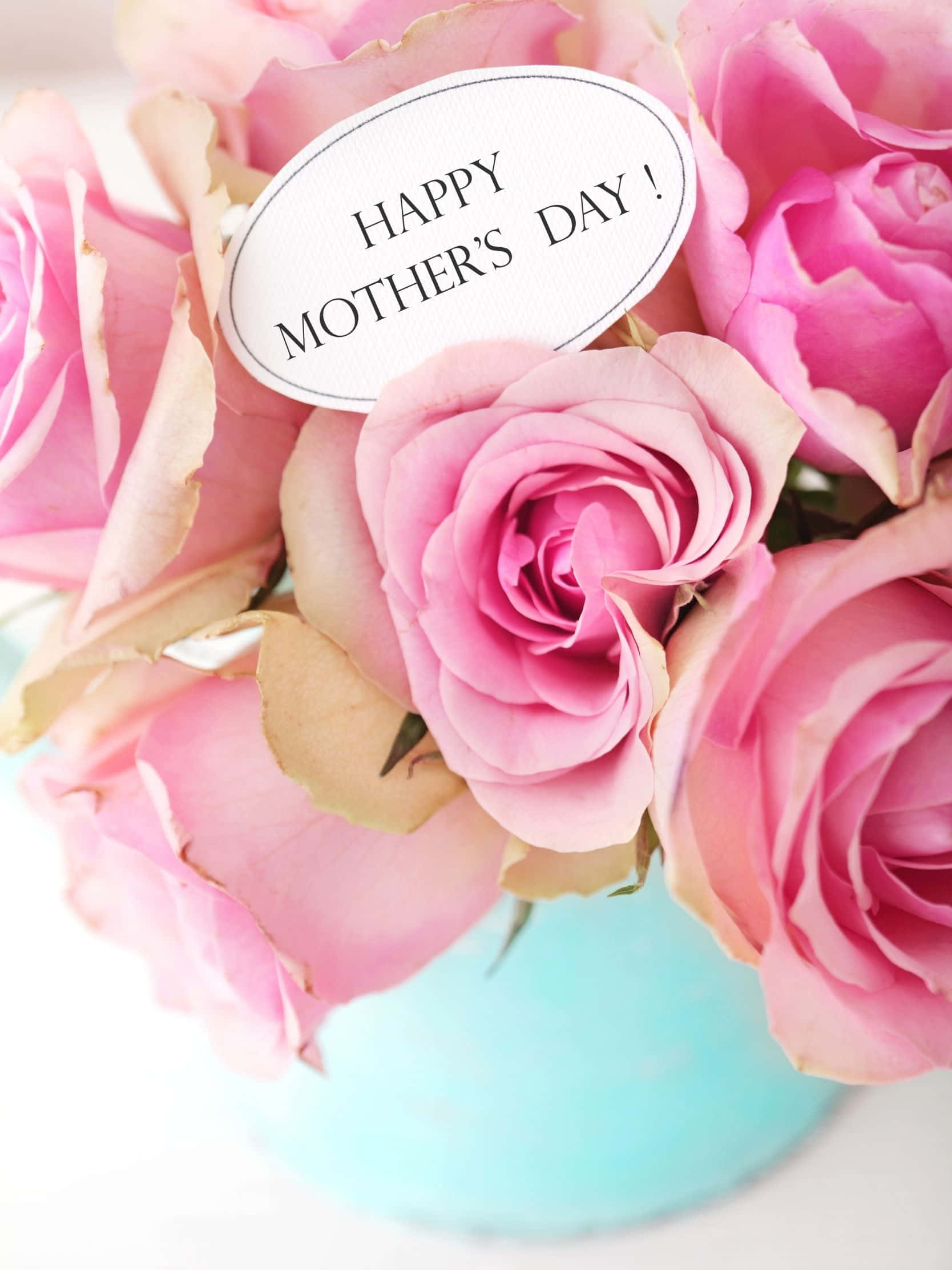 Happy Mother's Day!, soft pink roses, light blue vase, Full HD Phone Wallpaper