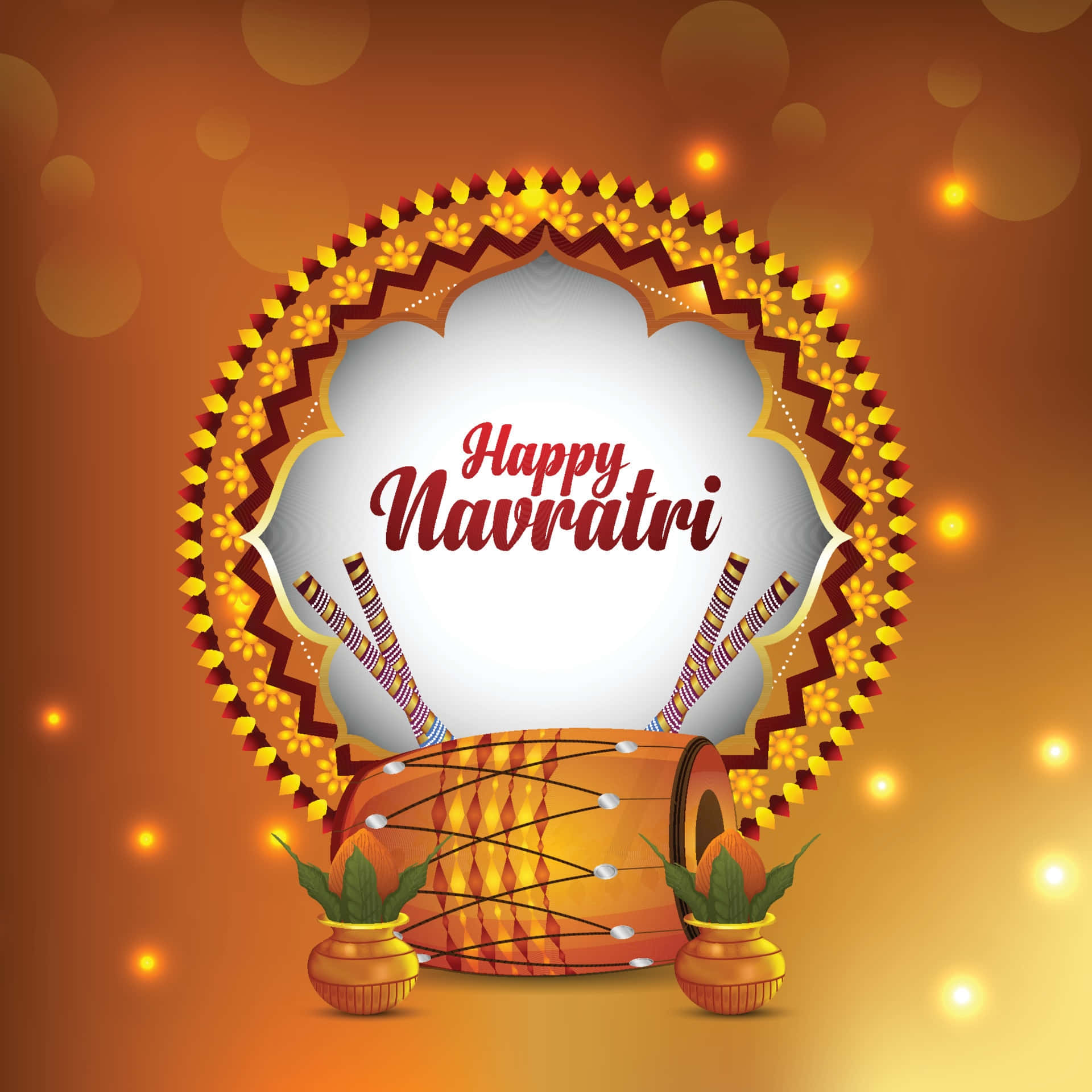 Happy Navratri, golden circular frame, floral patterns, Full HD Desktop Wallpaper
