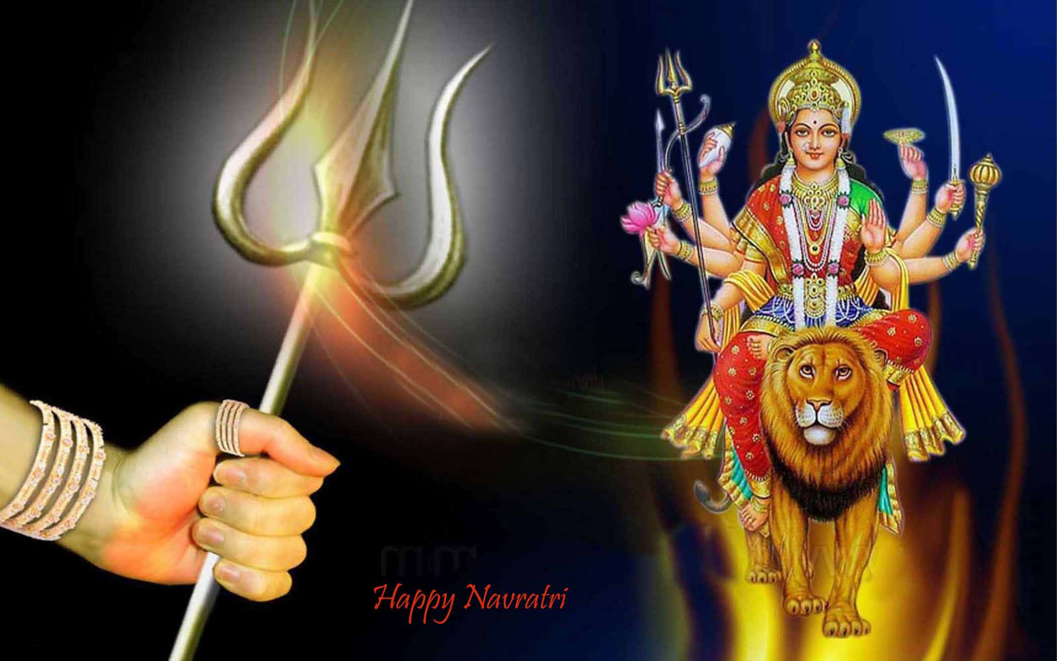 glowing trident, multi-armed goddess, lion, Full HD Desktop Wallpaper