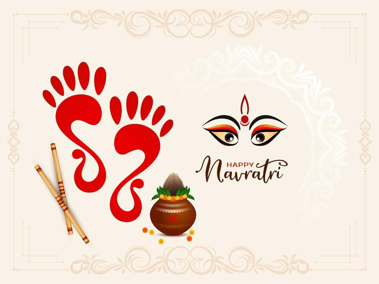 Happy Navratri, flute, pot with eyes and bindi, HD Desktop Wallpaper