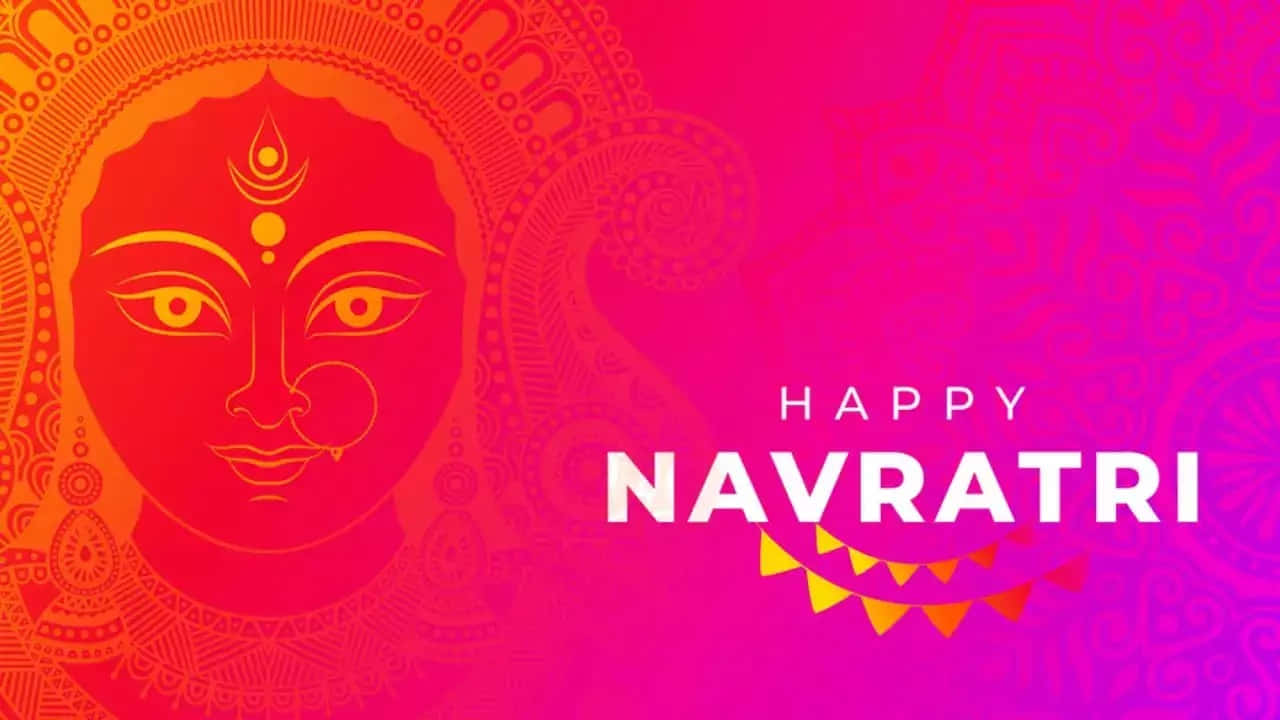 Happy Navratri, orange and pink gradient, stylized goddess face, HD Desktop Wallpaper