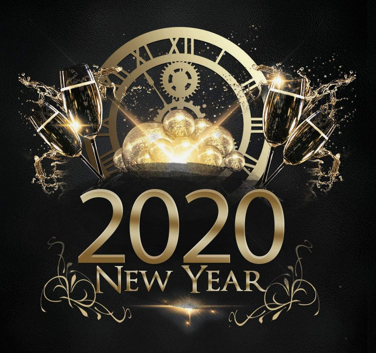 Happy New Year 2020, golden champagne flutes, clockwork backdrop, SD Desktop Wallpaper