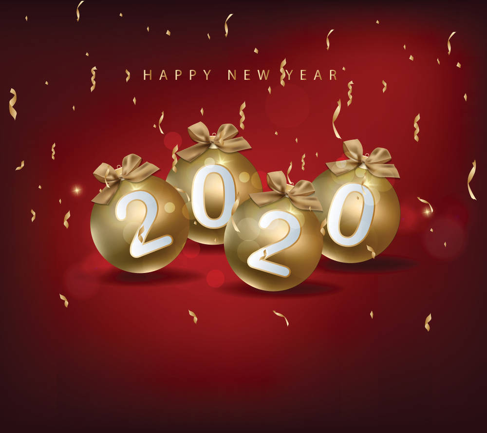 2020, Golden baubles, deep red backdrop, SD Desktop Wallpaper
