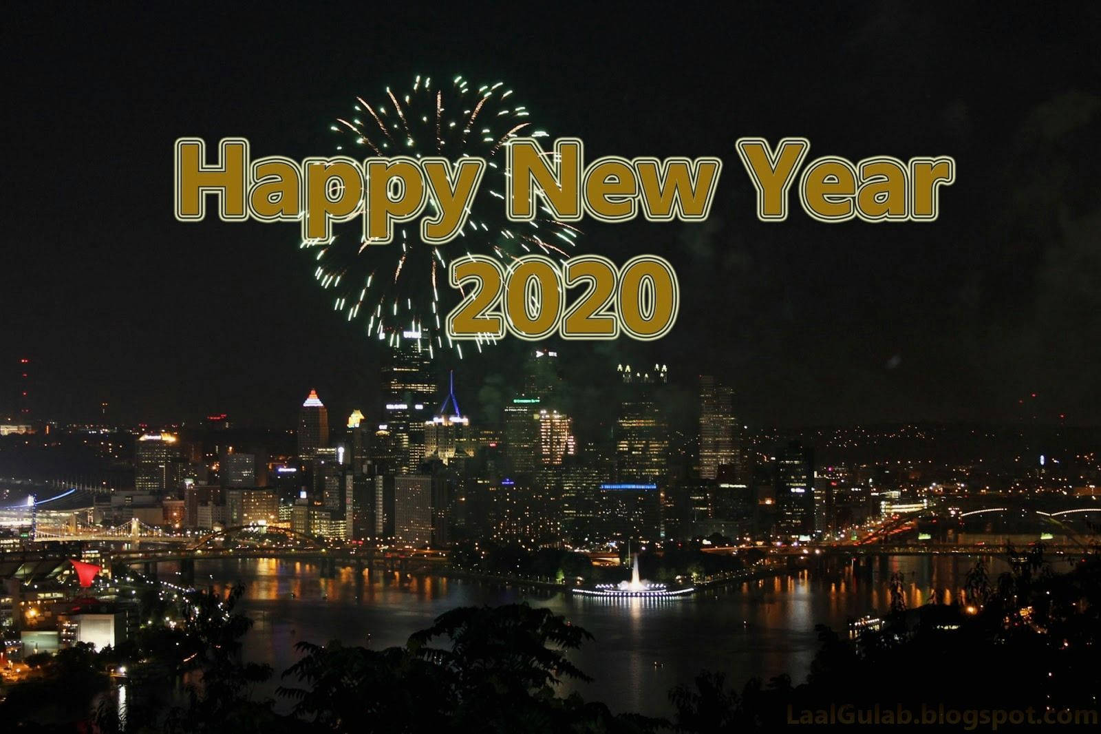 Happy New Year 2020, fireworks, city skyline, HD Desktop Wallpaper