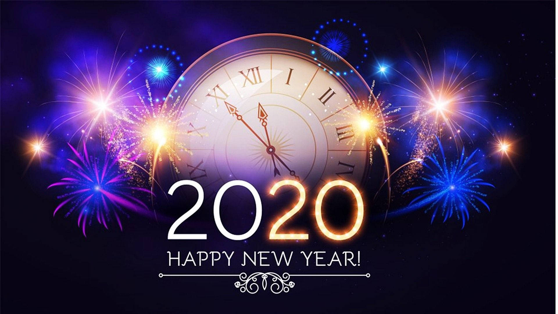 midnight, blue and gold fireworks, grand clock, Full HD Desktop Wallpaper