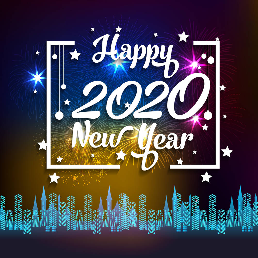 Happy New Year 2020, fireworks, city skyline, SD Desktop Wallpaper