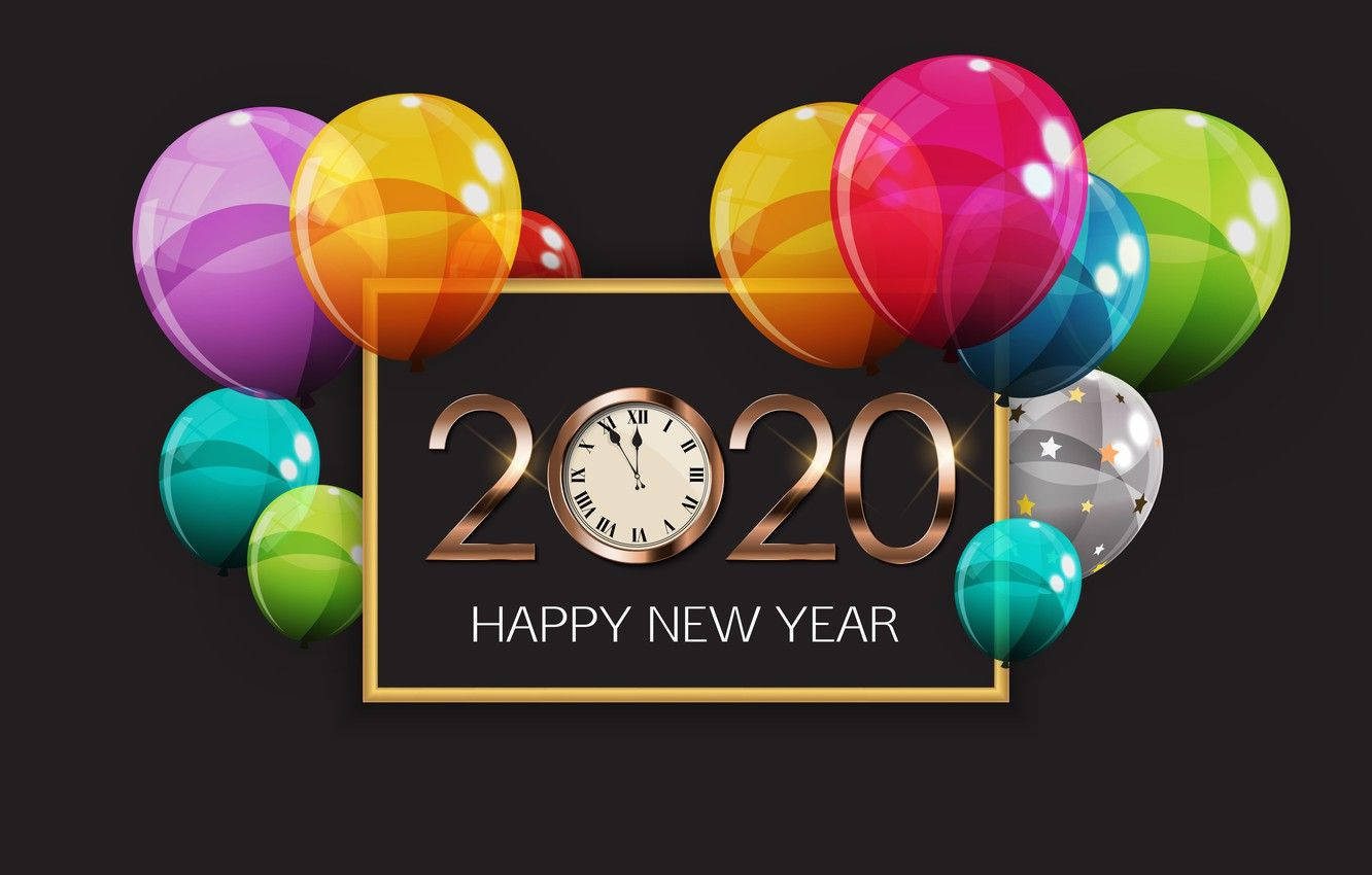 golden framed 2020 clock, Happy New Year, vibrant glossy balloons, HD Desktop Wallpaper