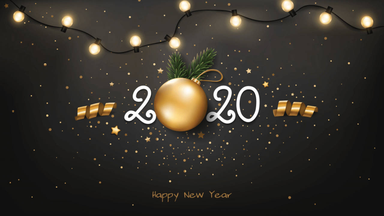Happy New Year 2020, Golden Christmas ornament, pine sprig, HD Desktop Wallpaper