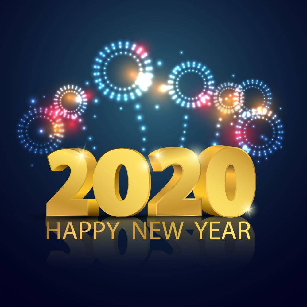Happy New Year 2020, Golden 3D 2020 text, sparkling fireworks, SD Desktop Wallpaper
