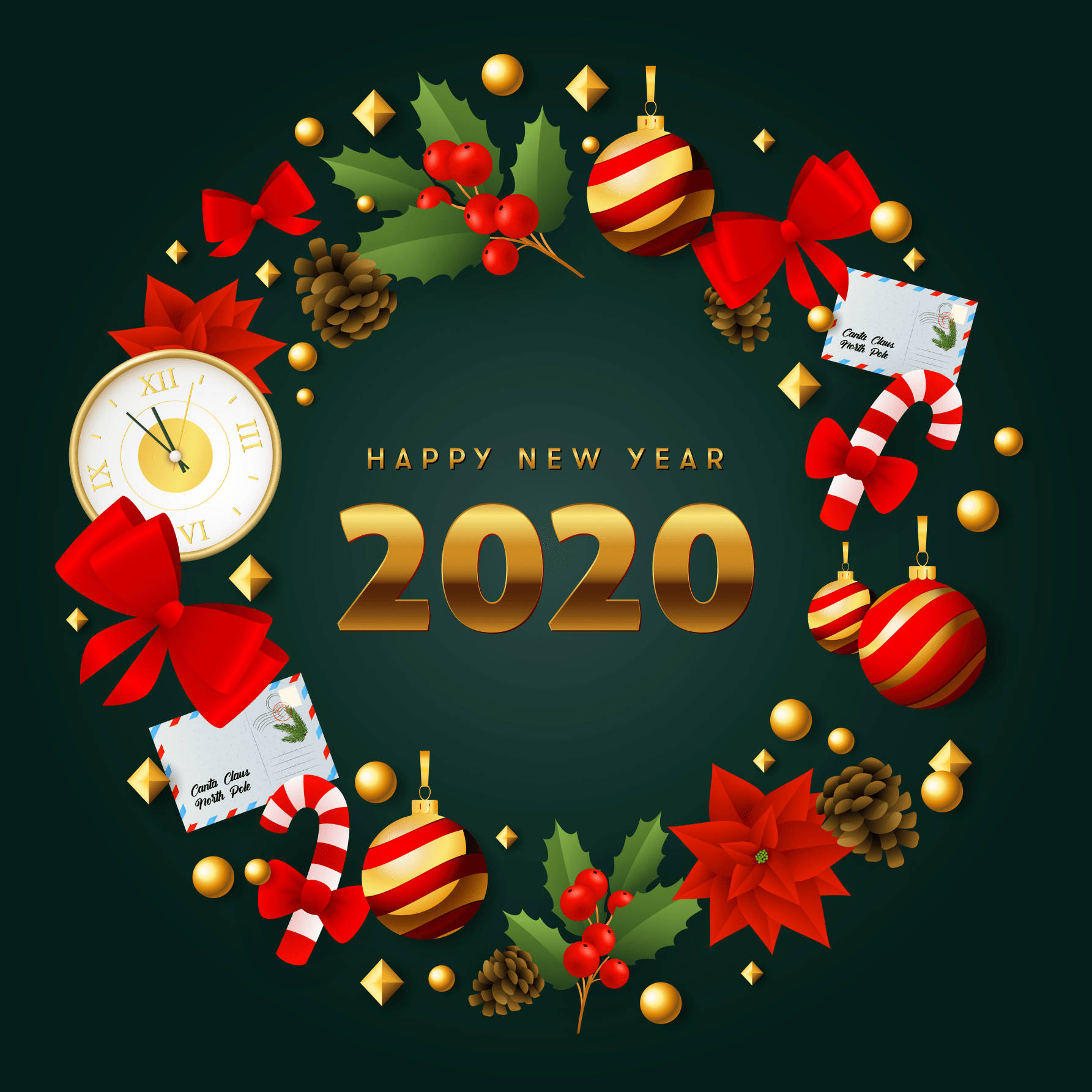 Happy New Year 2020, golden 2020 New Year text, festive red bows, HD Desktop Wallpaper