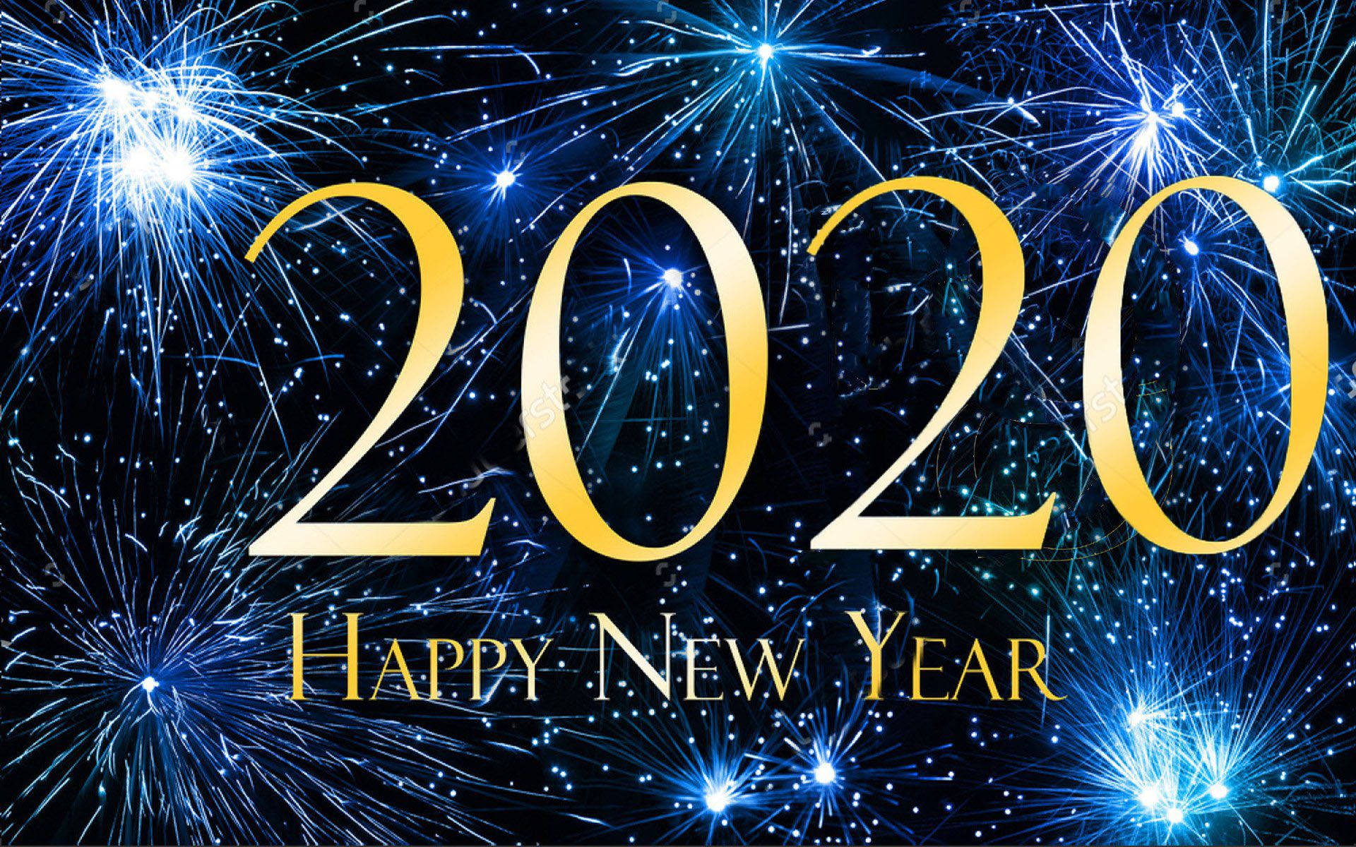 Happy New Year 2020, blue fireworks, golden 2020 text, Full HD Desktop Wallpaper