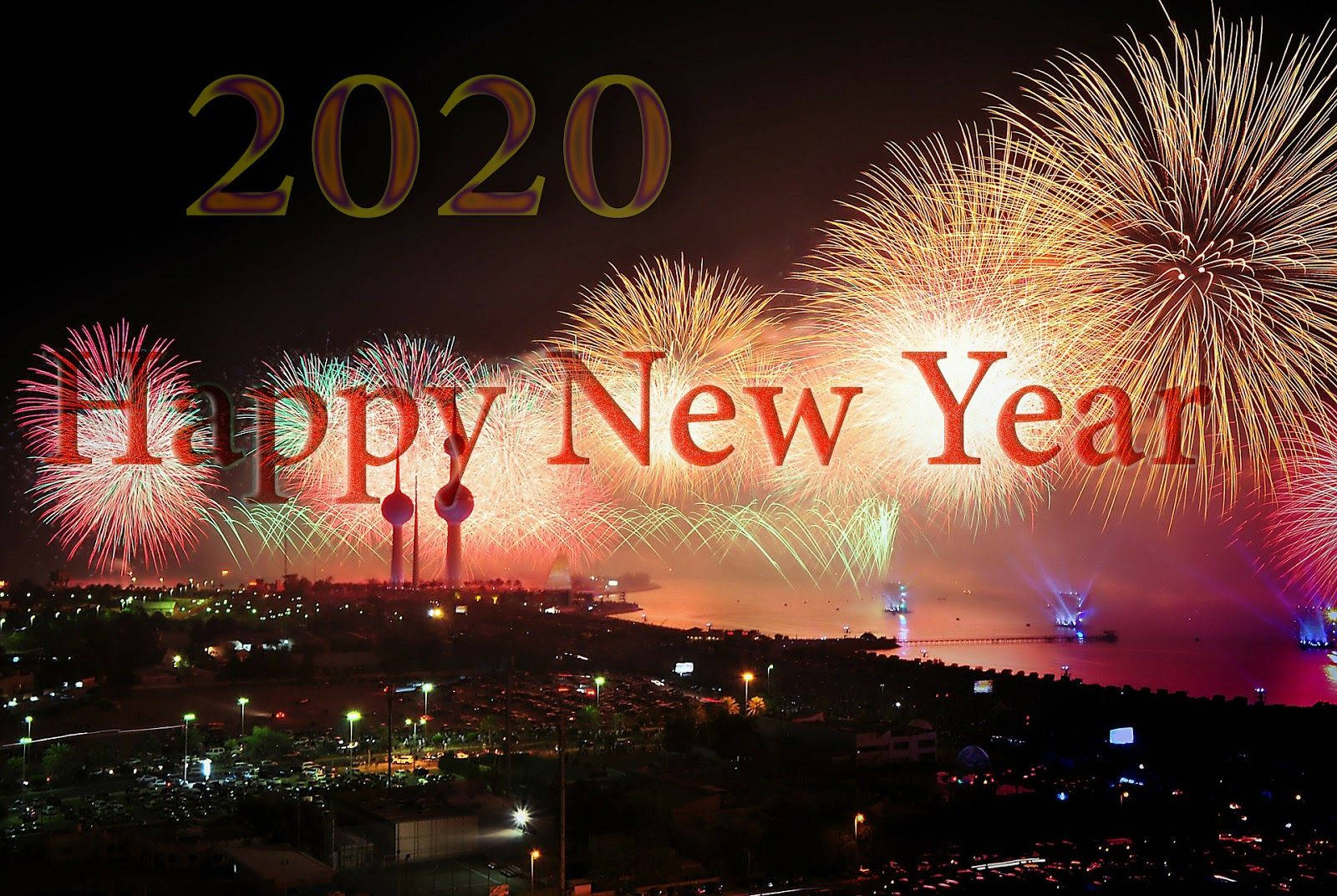 2020 Happy New Year, fireworks, city skyline, HD Desktop Wallpaper