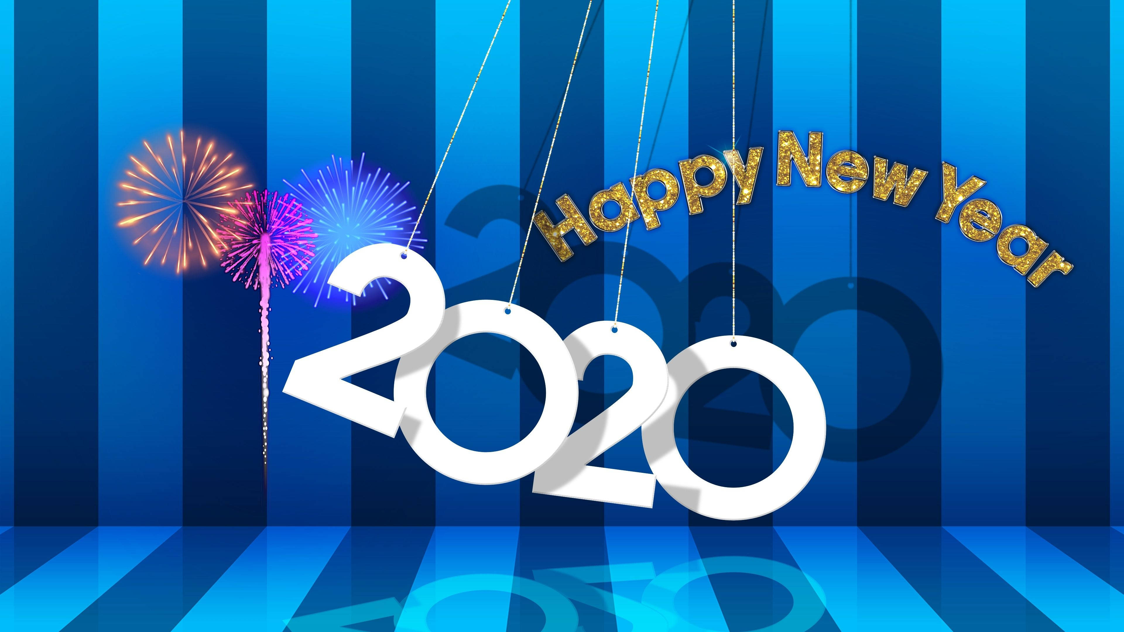 Happy New Year 2020, 2020, blue striped background, 4K Desktop Wallpaper
