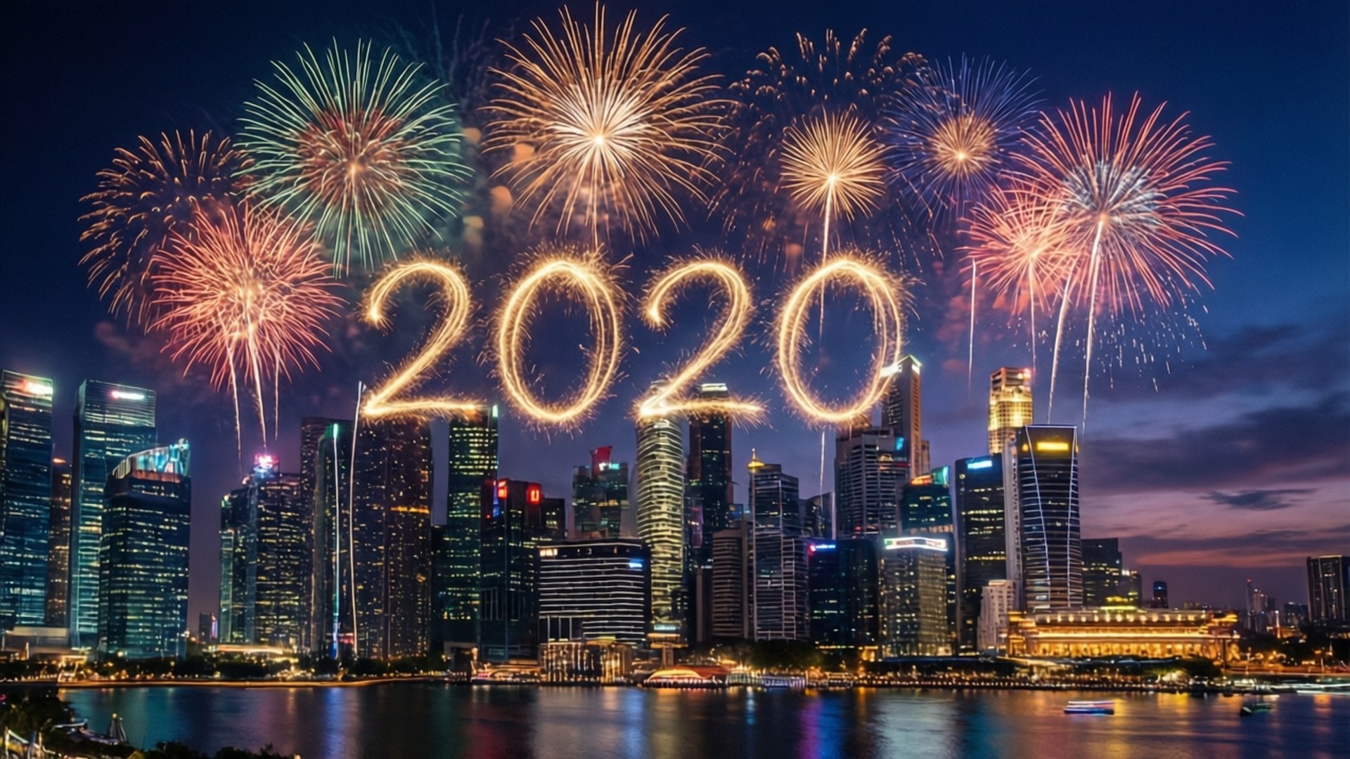 2020, fireworks, city skyline, Full HD Desktop Wallpaper