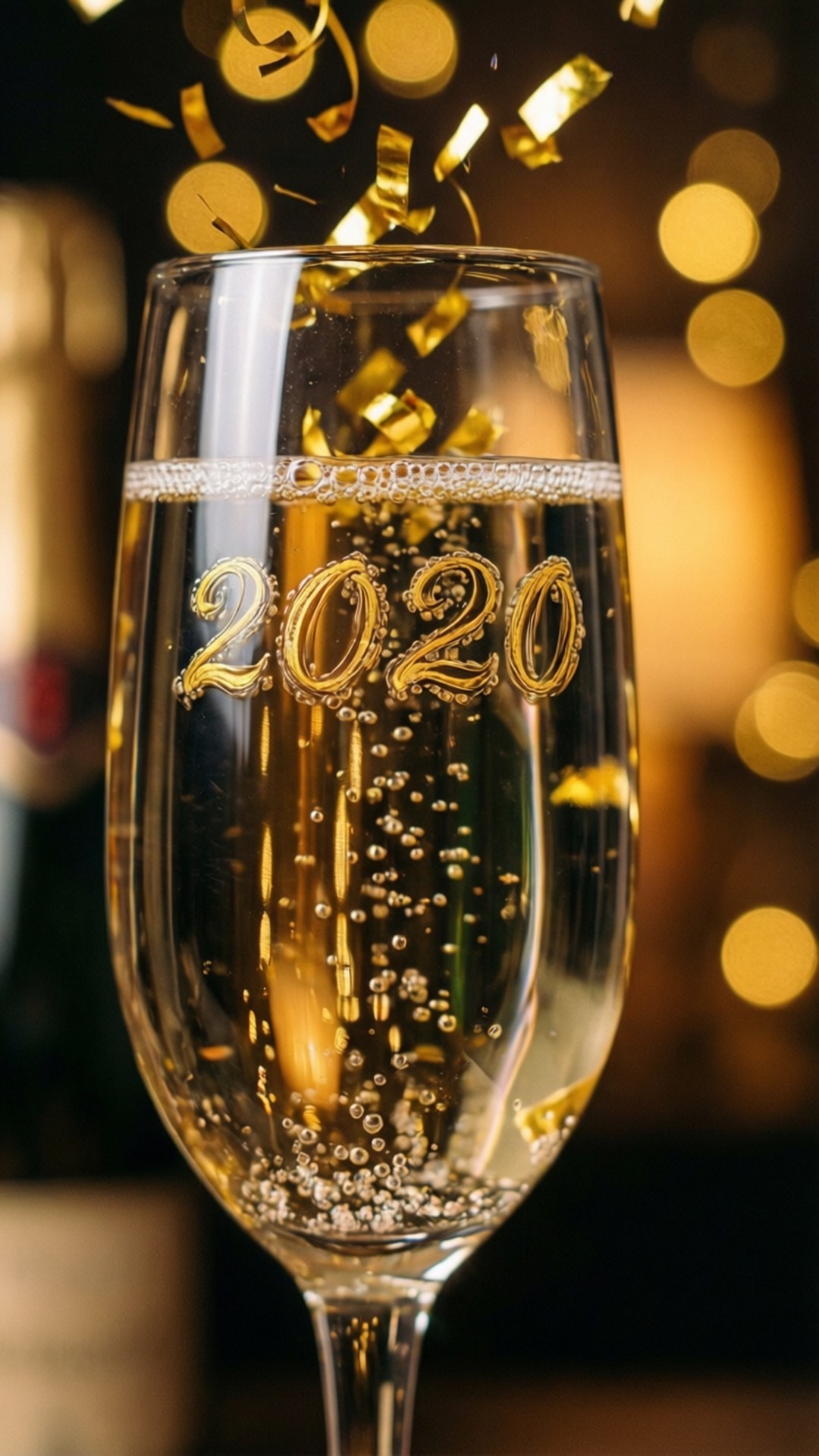 champagne flute, bubbly gold liquid, golden confetti, Full HD Phone Wallpaper