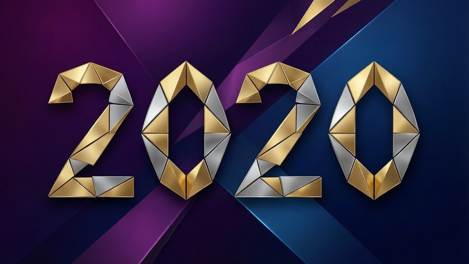 2020, faceted gold and silver geometric letters, purple and blue gradient background, Full HD Desktop Wallpaper