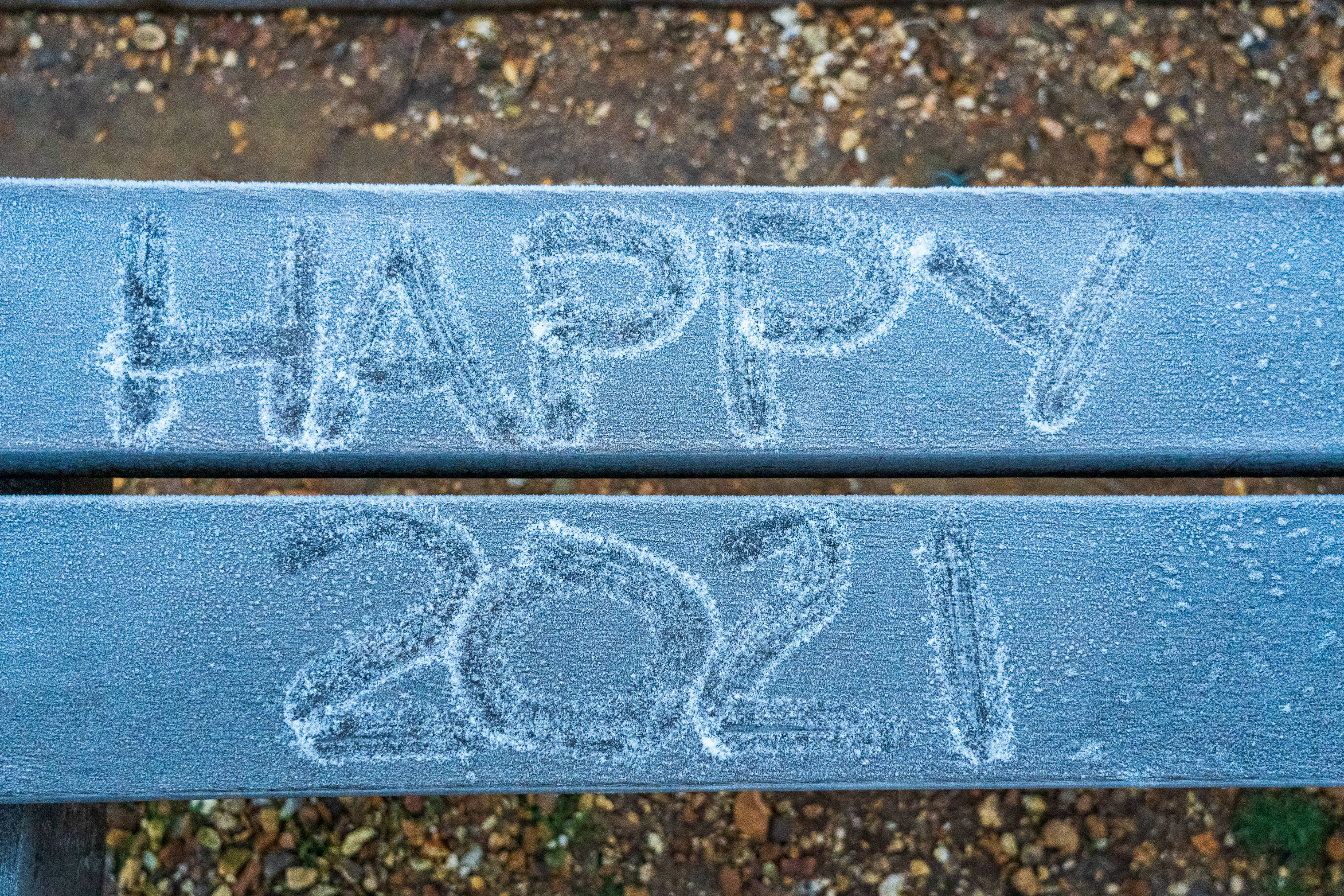 blue snow, HAPPY 2021, frosty blue park bench, 2K Desktop Wallpaper
