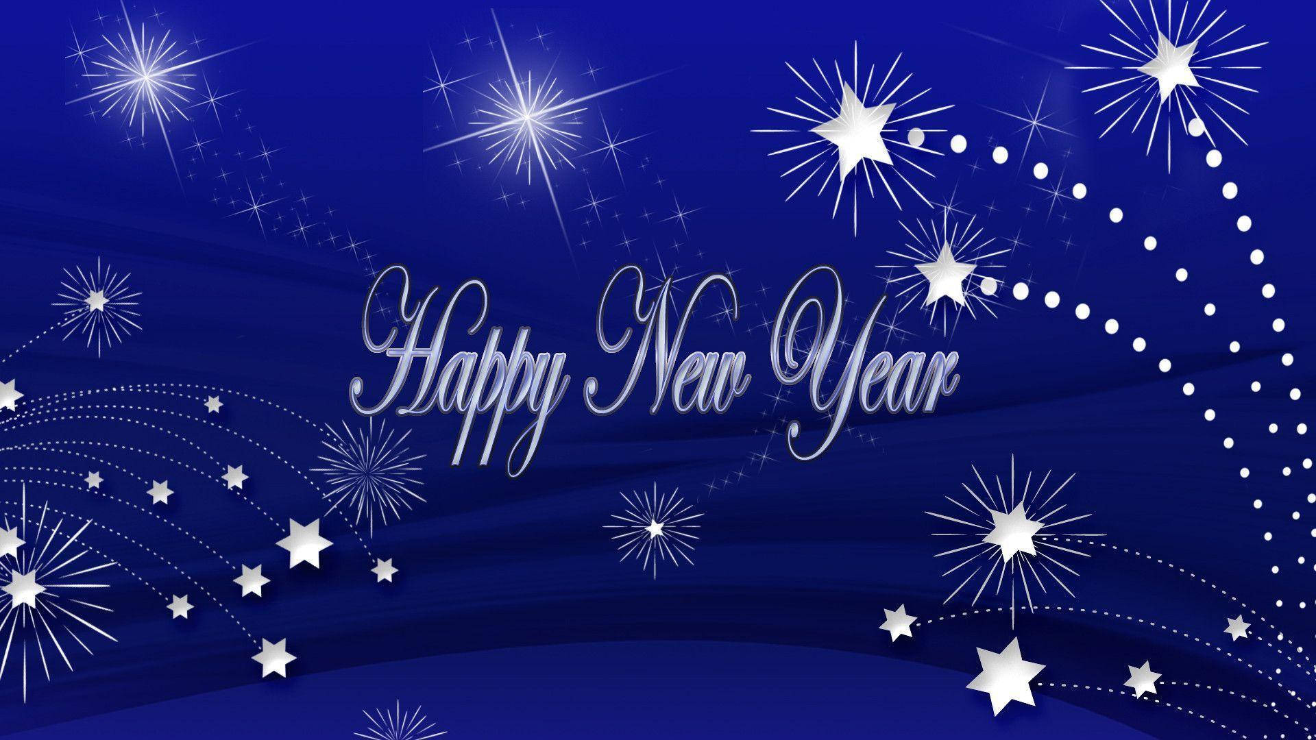 Starry Happy New Year 2021 Greeting, shimmering silver fireworks, deep blue night sky, Full HD Desktop Wallpaper