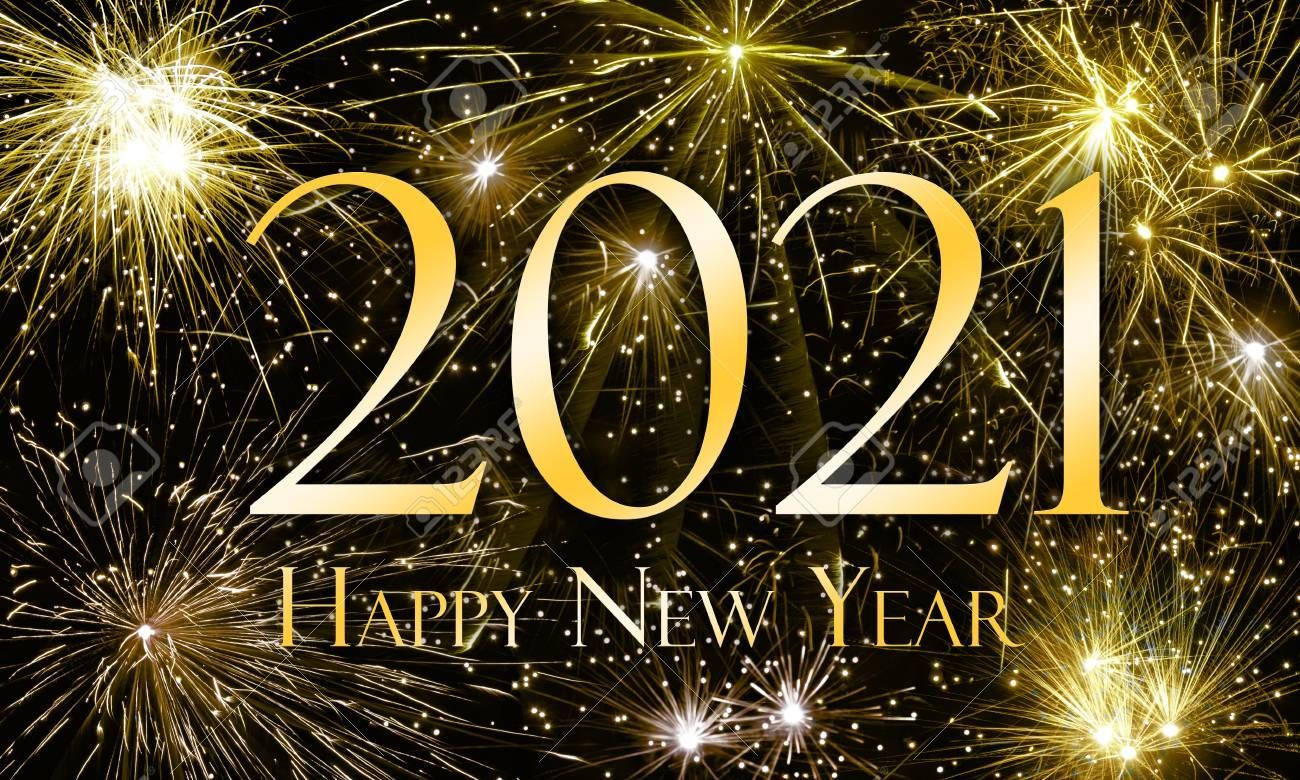 Happy New Year 2021, yellow fireworks, golden '2021 Happy New Year' text, HD Desktop Wallpaper